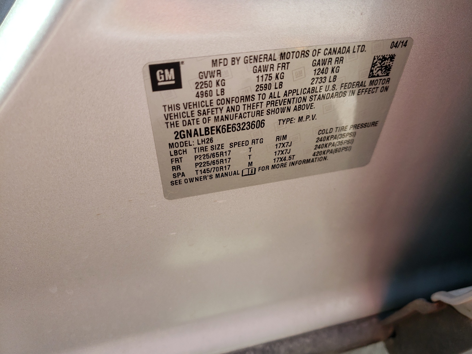 Photo 10 from auction – 2014 CHEVROLET EQUINOX LT with VIN 2GNALBEK6E6323606