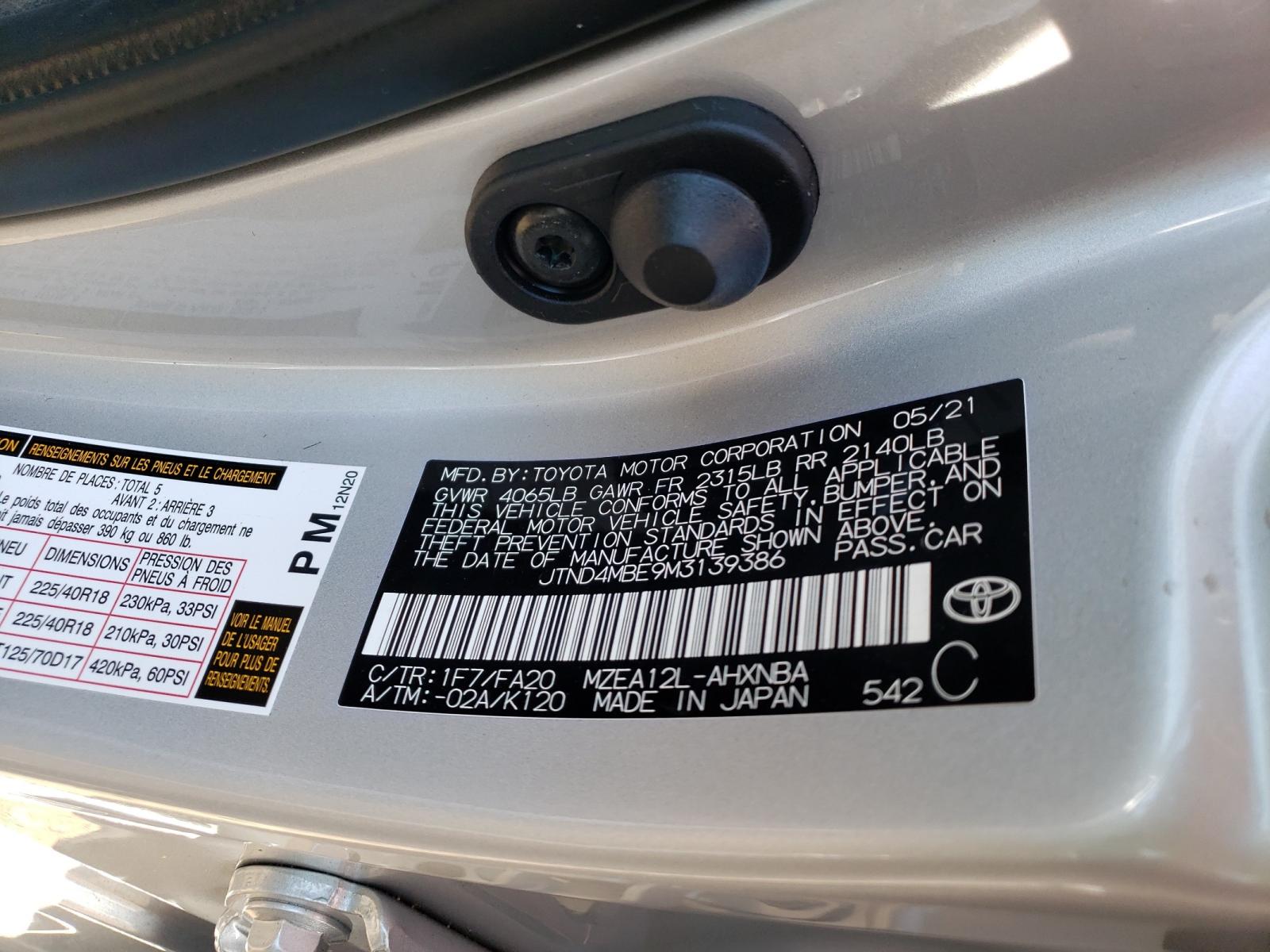 Photo 10 from auction – 2021 TOYOTA COROLLA SE with VIN JTND4MBE9M3139386