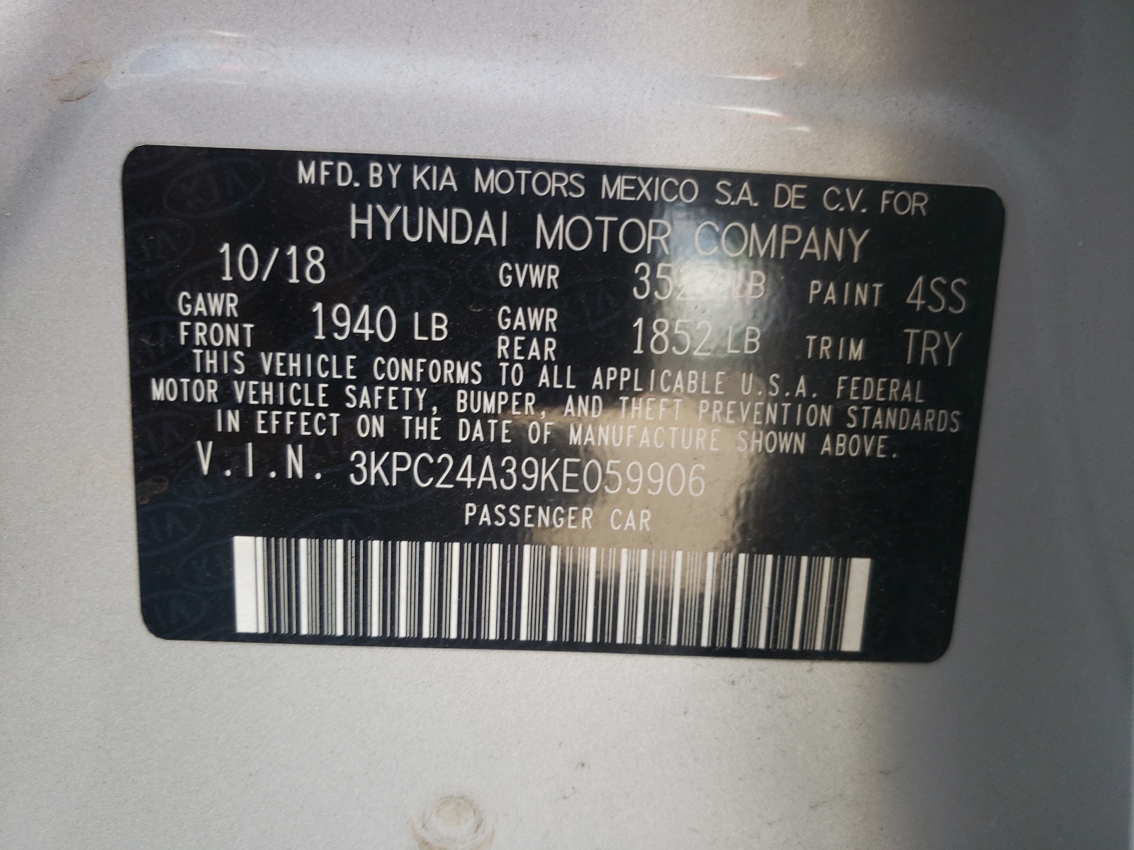 Photo 10 from auction – 2019 HYUNDAI ACCENT SE with VIN 3KPC24A39KE059906