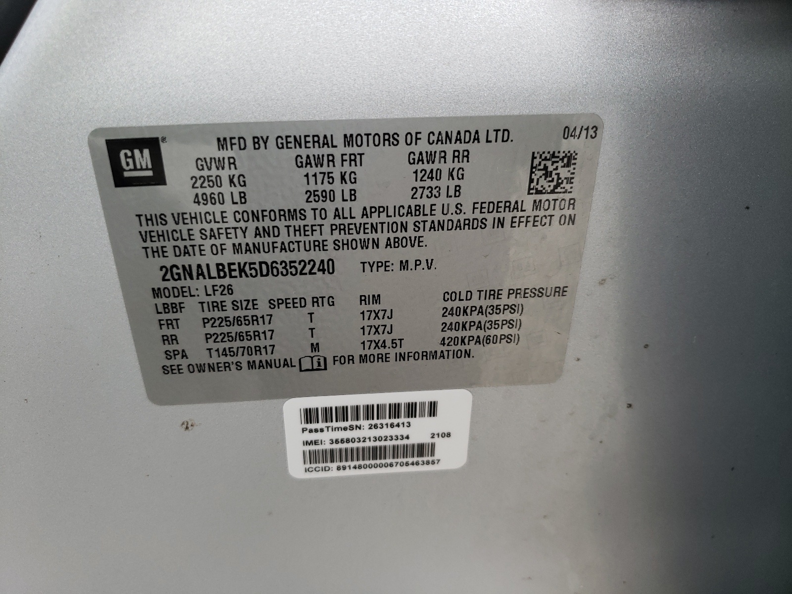 Photo 10 from auction – 2013 CHEVROLET EQUINOX with VIN 2GNALBEK5D6352240