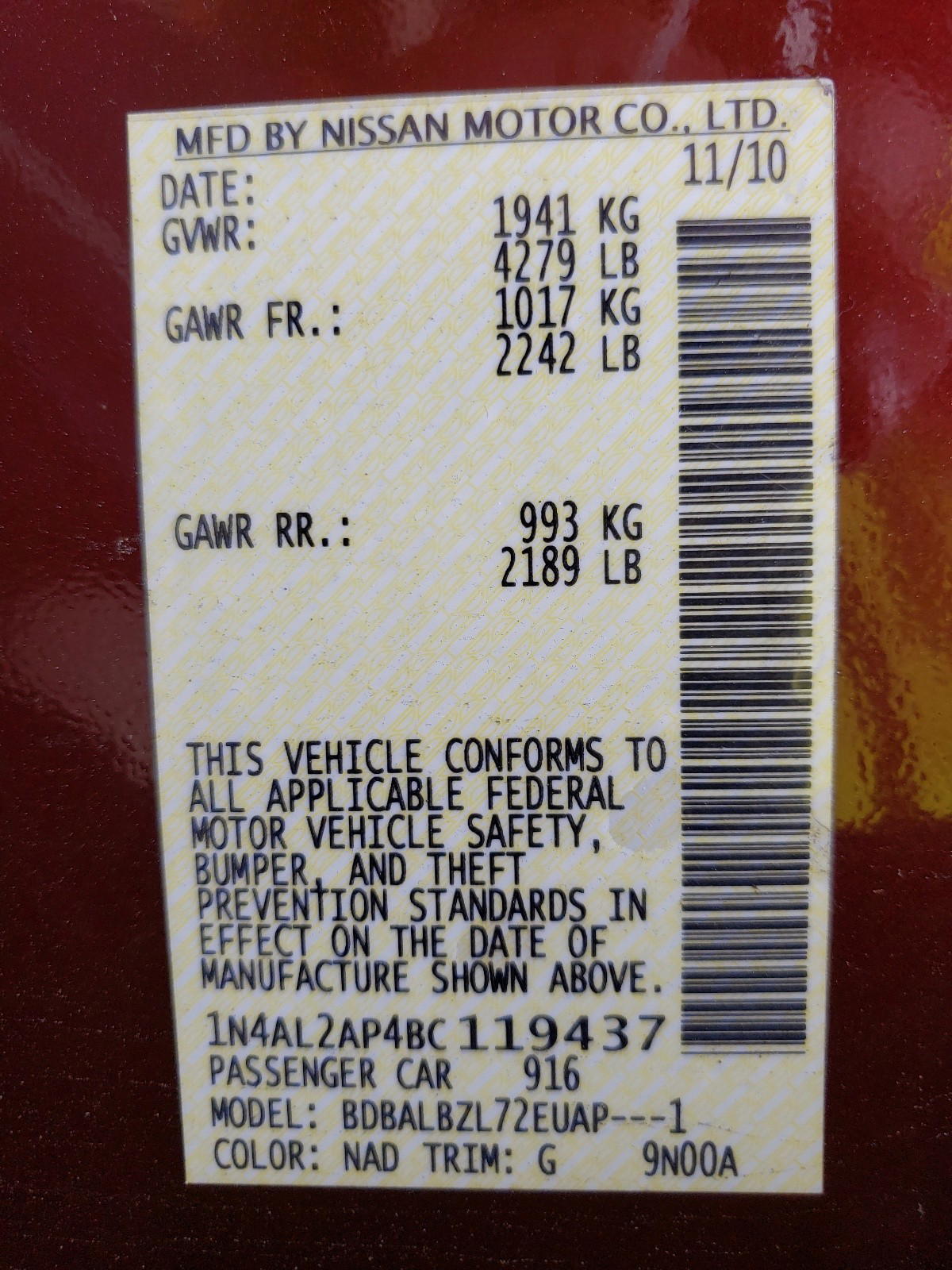 Photo 10 from auction – 2011 NISSAN ALTIMA BAS with VIN 1N4AL2AP4BC119437