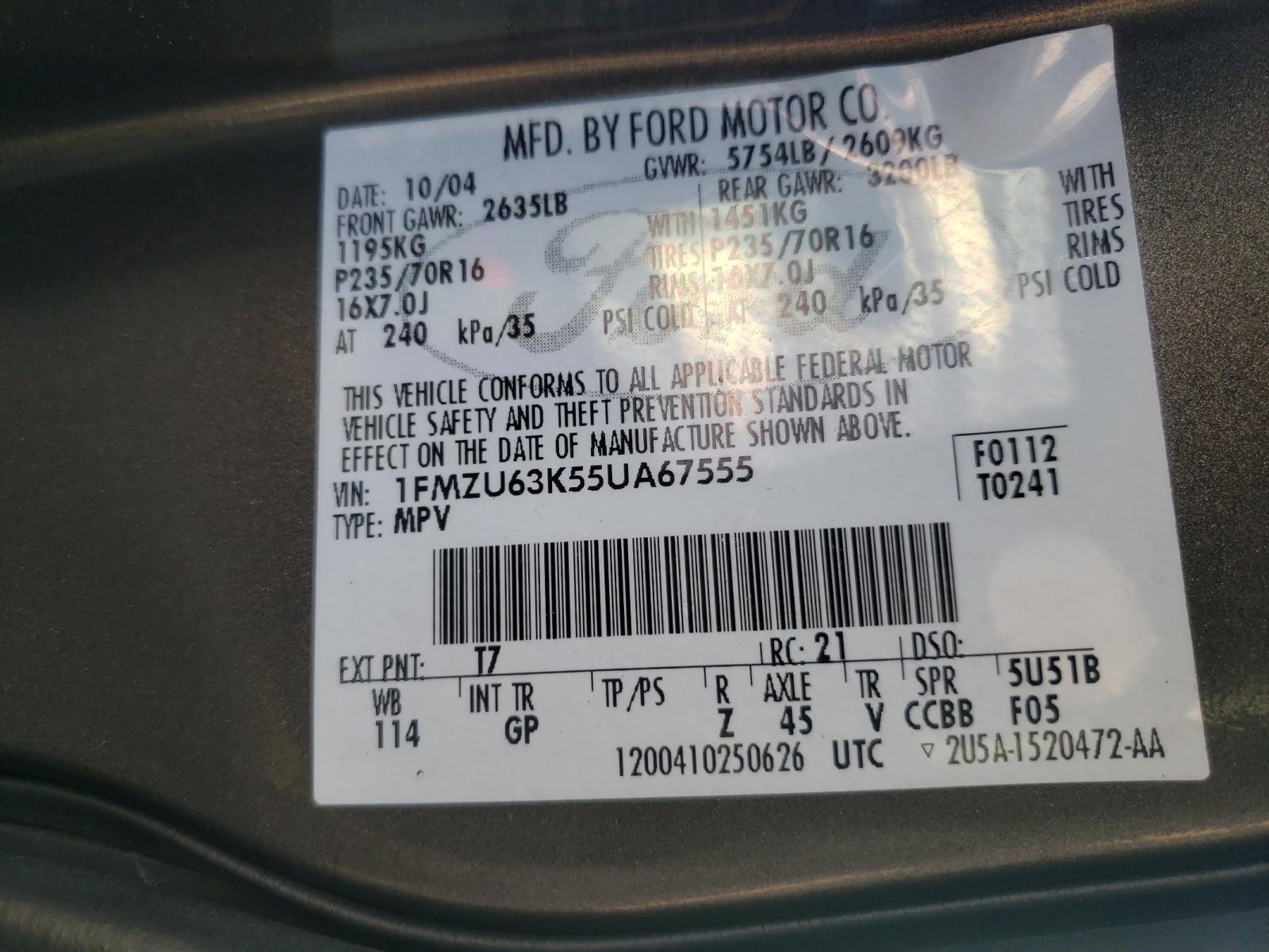 Photo 10 from auction – 2005 FORD EXPLORER X with VIN 1FMZU63K55UA67555