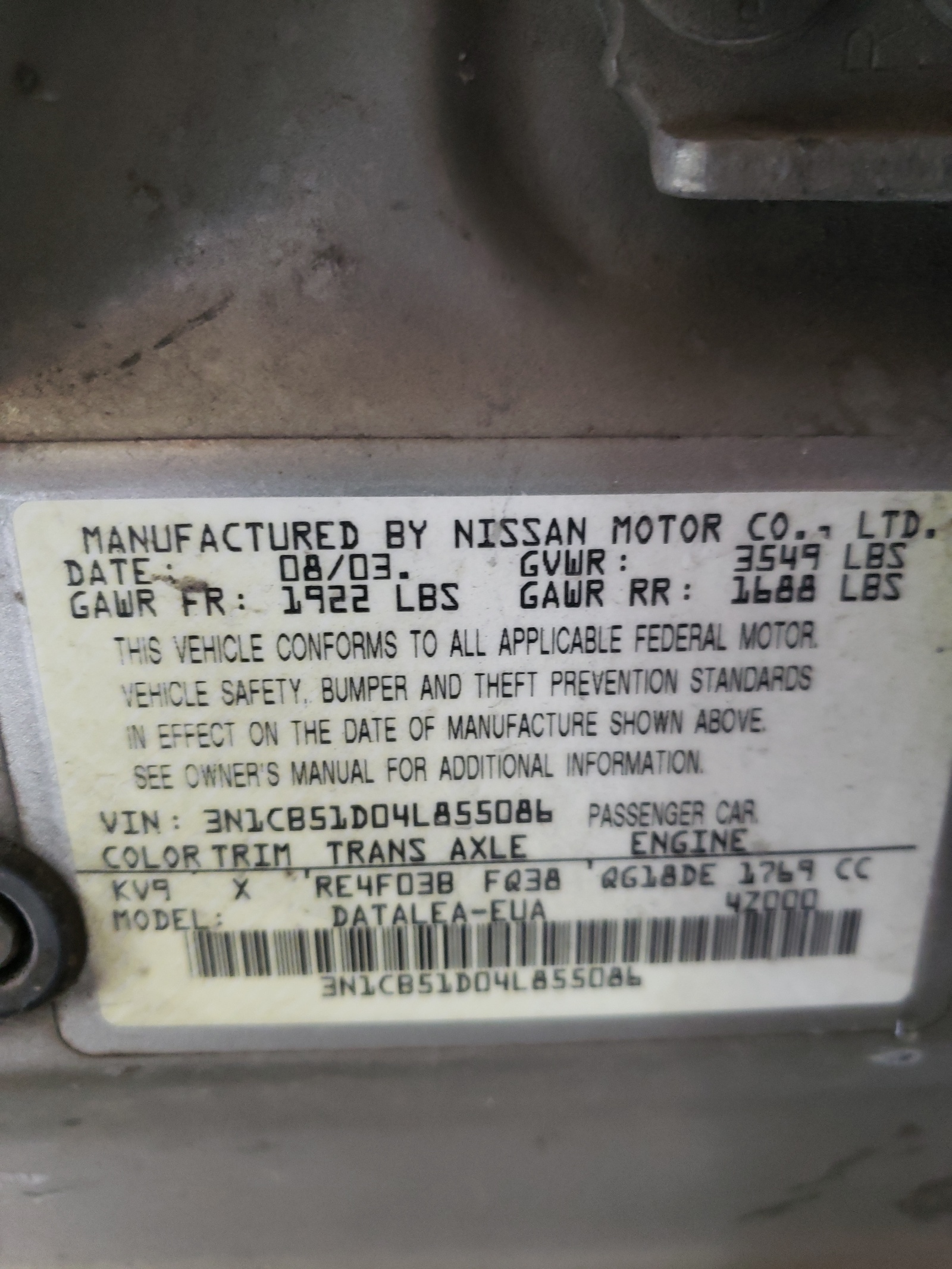 Photo 10 from auction – 2004 NISSAN SENTRA 1.8 with VIN 3N1CB51D04L855086