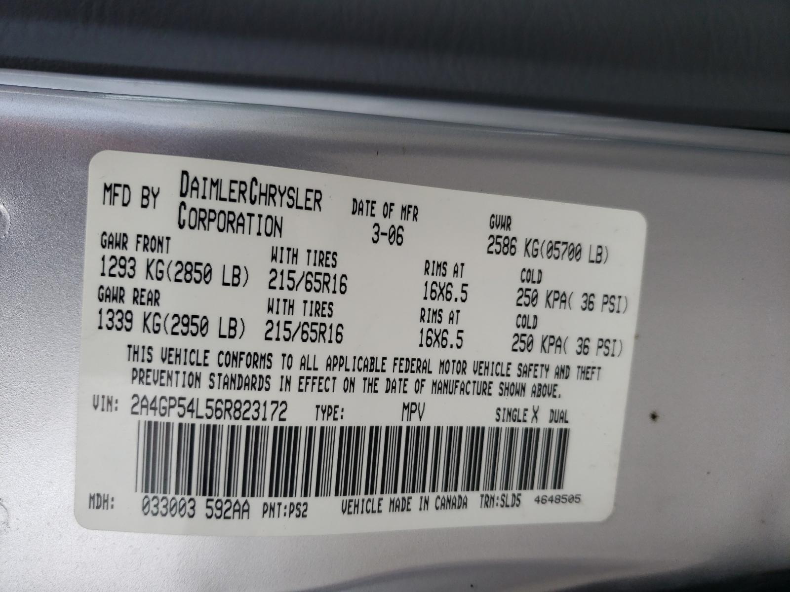 Photo 10 from auction – 2006 CHRYSLER TOWN & COU with VIN 2A4GP54L56R823172