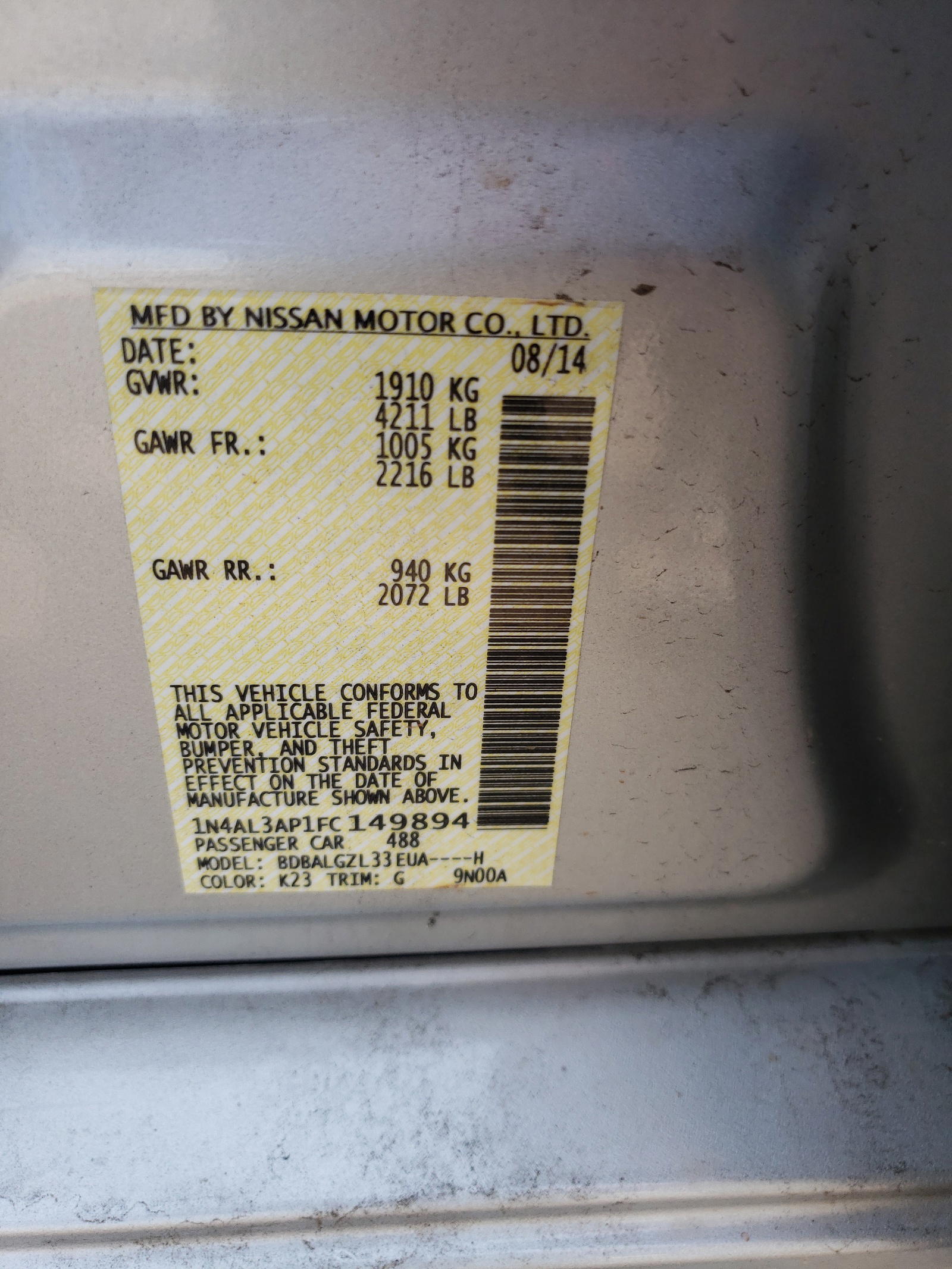 Photo 10 from auction – 2015 NISSAN ALTIMA 2.5 with VIN 1N4AL3AP1FC149894