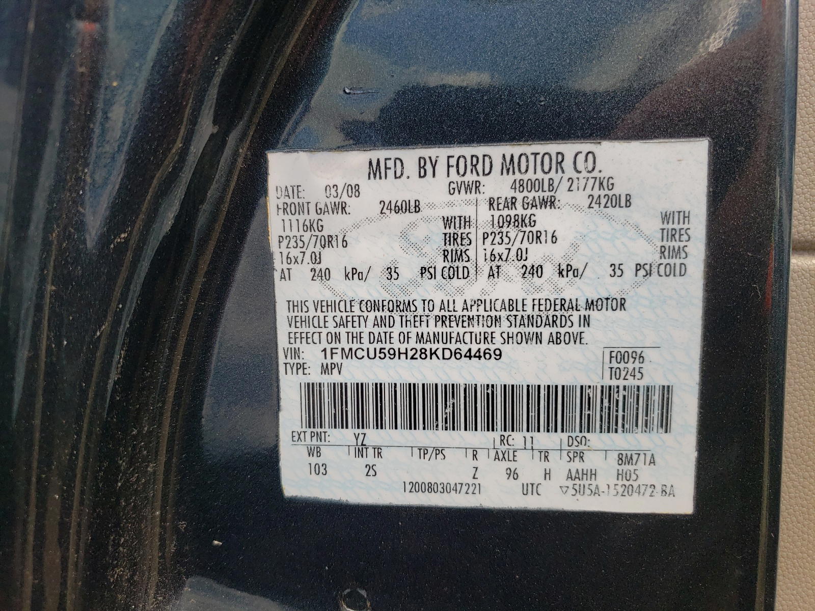 Photo 10 from auction – 2008 FORD ESCAPE XLT with VIN 1FMCU93138KC18858