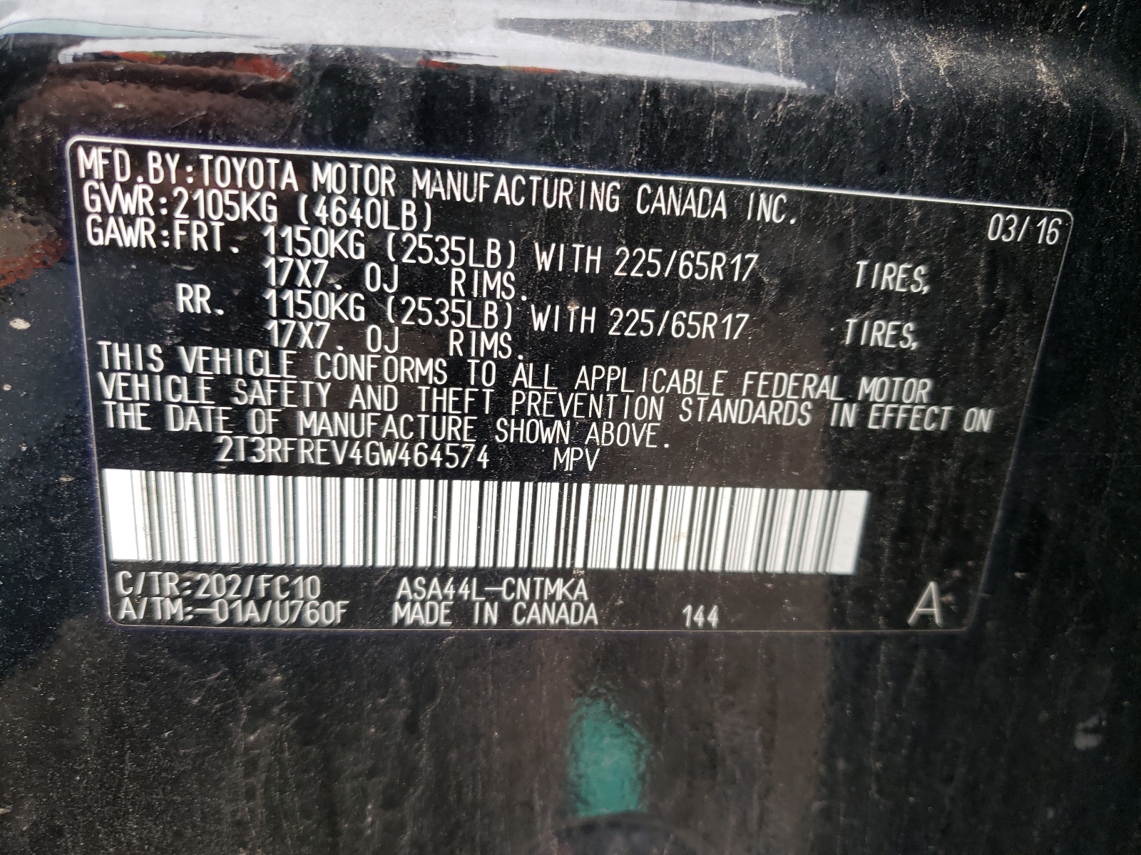 Photo 10 from auction – 2016 TOYOTA RAV4 XLE with VIN 2T3RFREV4GW464574