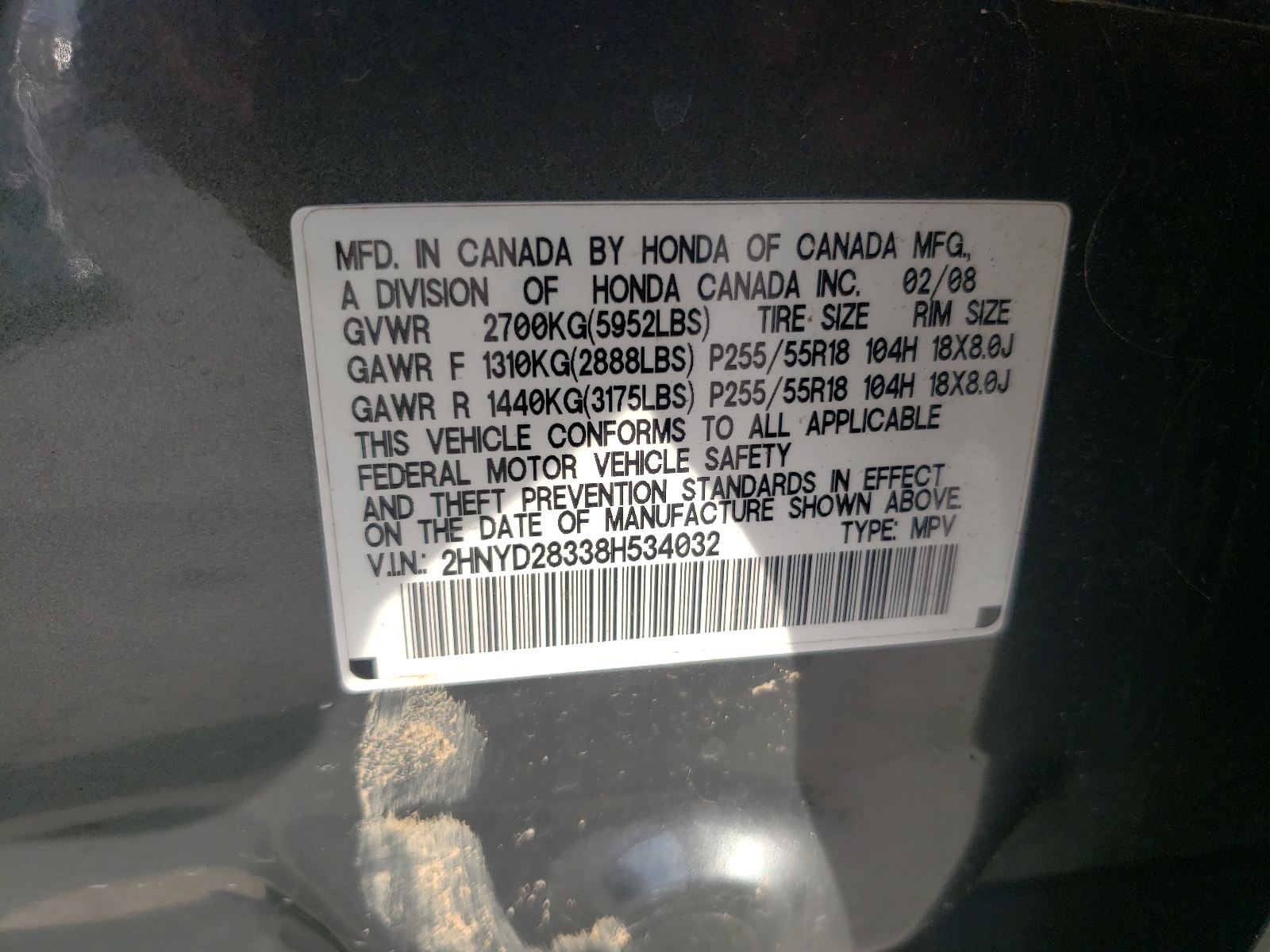 Photo 10 from auction – 2008 ACURA MDX TECHNO with VIN 2HNYD28338H534032