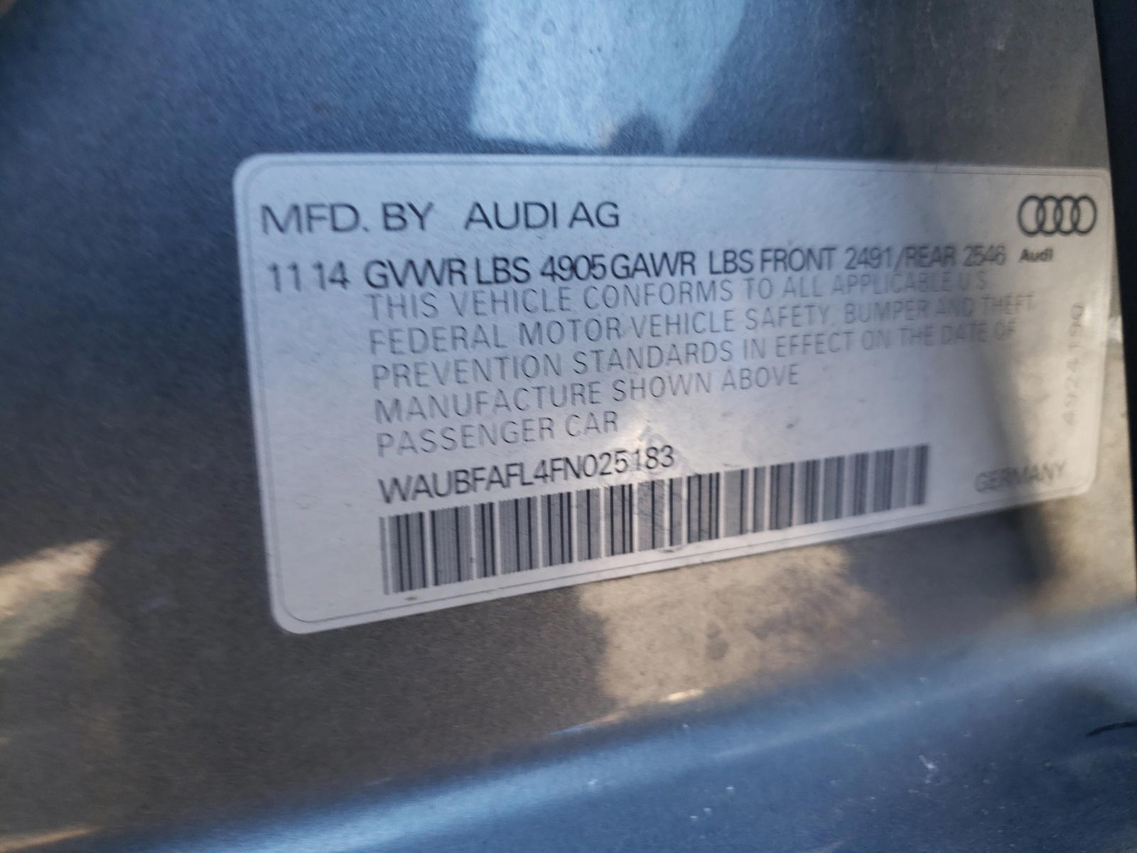 Photo 10 from auction – 2015 AUDI A4 PREMIUM with VIN WAUBFAFL4FN025183