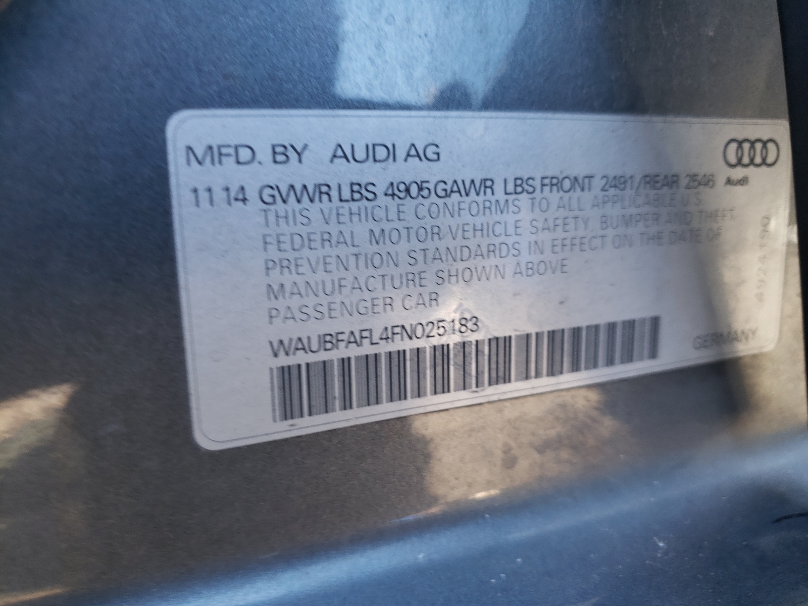 Фото 10 с аукциона – 2015 AUDI A4 PREMIUM с VIN WAUBFAFL4FN025183
