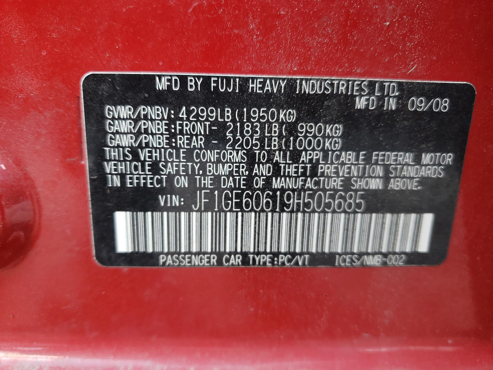 Photo 10 from auction – 2009 SUBARU IMPREZA 2. with VIN JF1GE60619H505685
