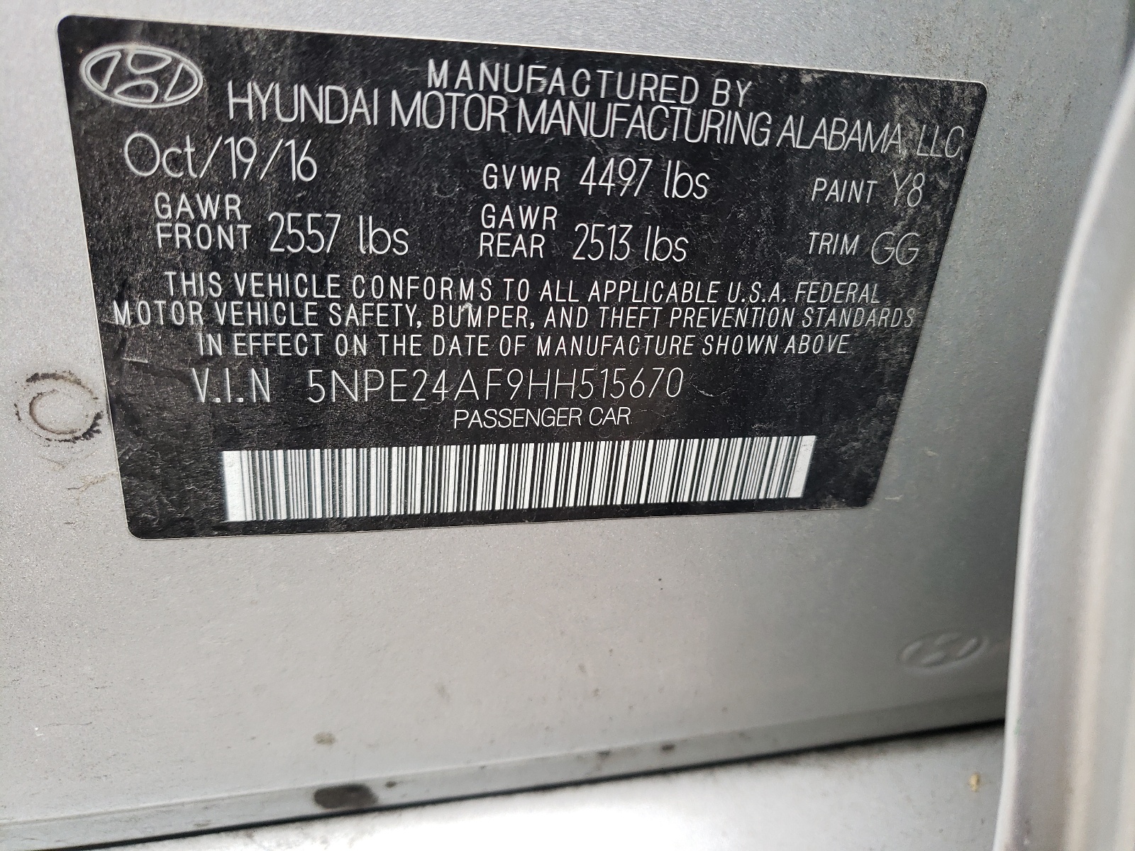 Photo 10 from auction – 2017 HYUNDAI SONATA SE with VIN 5NPE24AF9HH515670