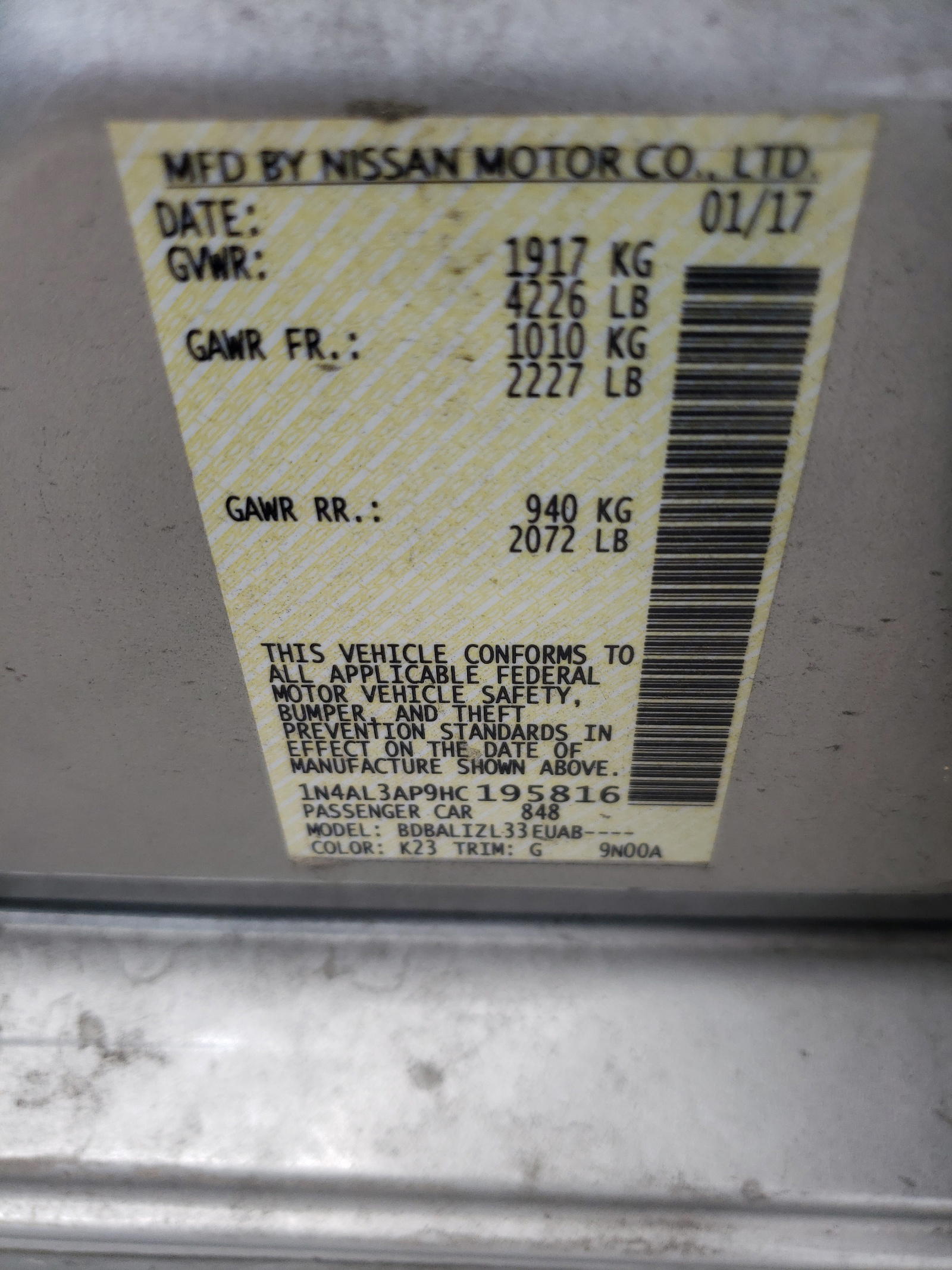 Photo 10 from auction – 2017 NISSAN ALTIMA 2.5 with VIN 1N4AL3AP9HC195816