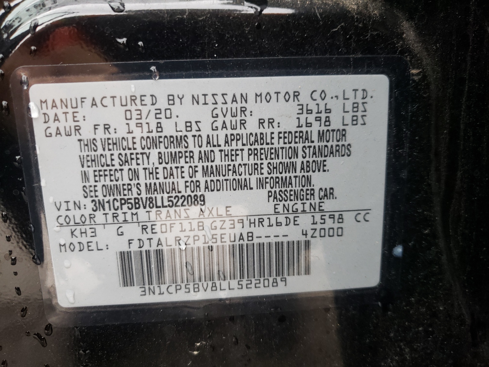 Photo 10 from auction – 2020 NISSAN KICKS S with VIN 3N1CP5BV8LL522089