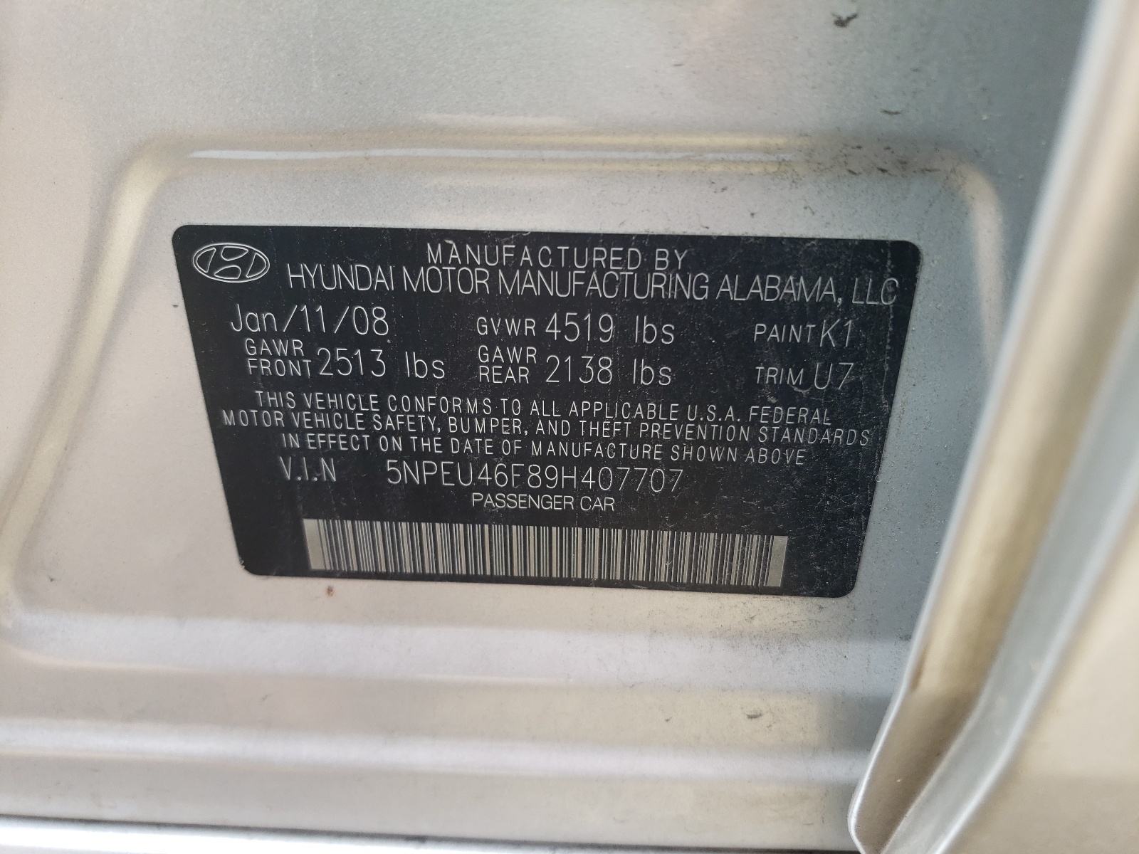 Photo 10 from auction – 2009 HYUNDAI SONATA SE with VIN 5NPEU46F89H407707