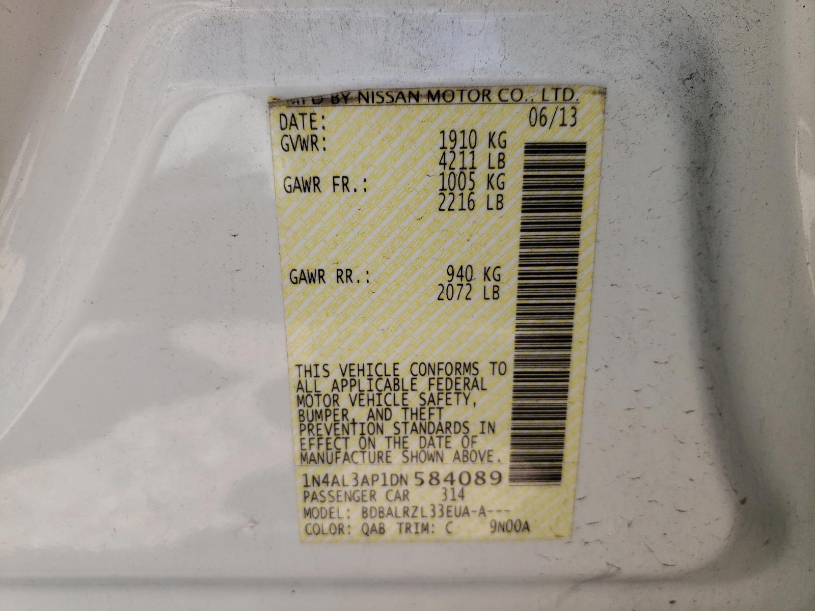 Photo 10 from auction – 2013 NISSAN ALTIMA 2.5 with VIN 1N4AL3AP1DN584089