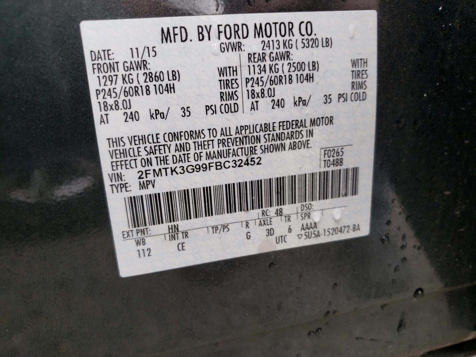 Photo 10 from auction – 2015 FORD EDGE SE with VIN 2FMTK3G99FBC32452