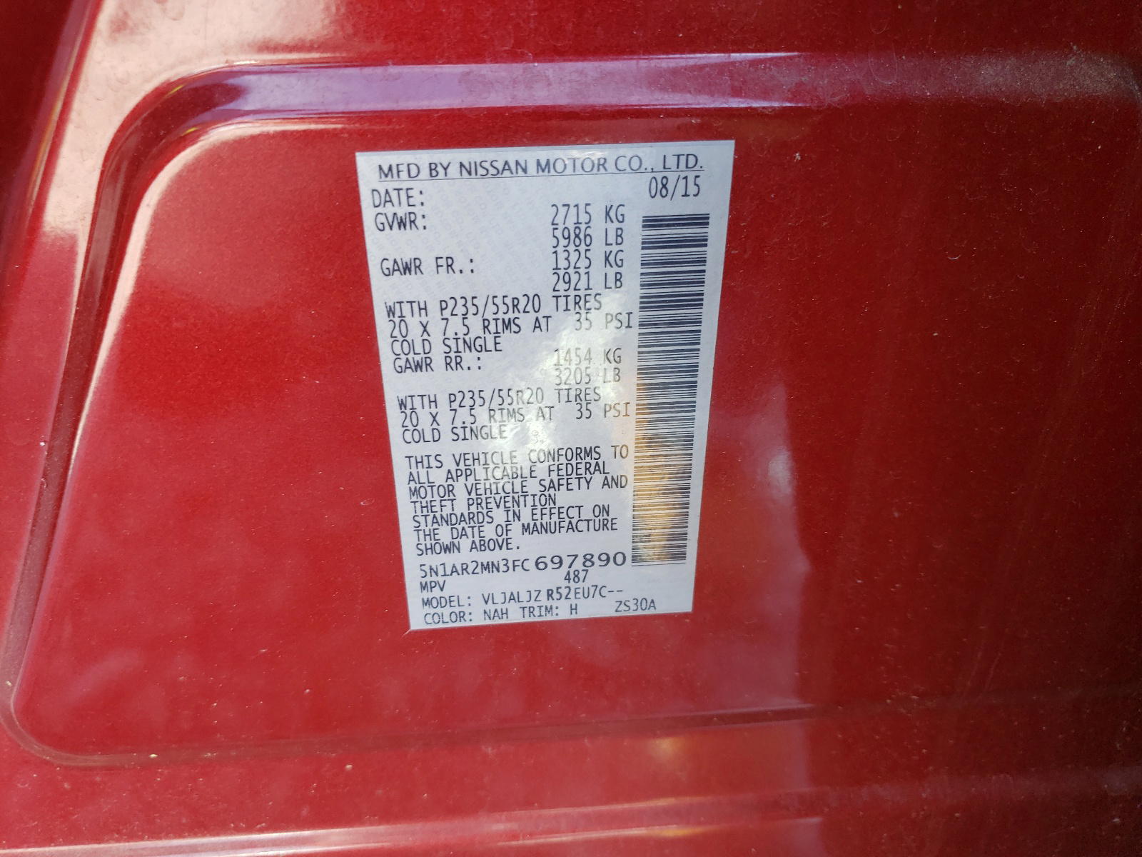 Photo 10 from auction – 2015 NISSAN PATHFINDER with VIN 5N1AR2MN3FC697890