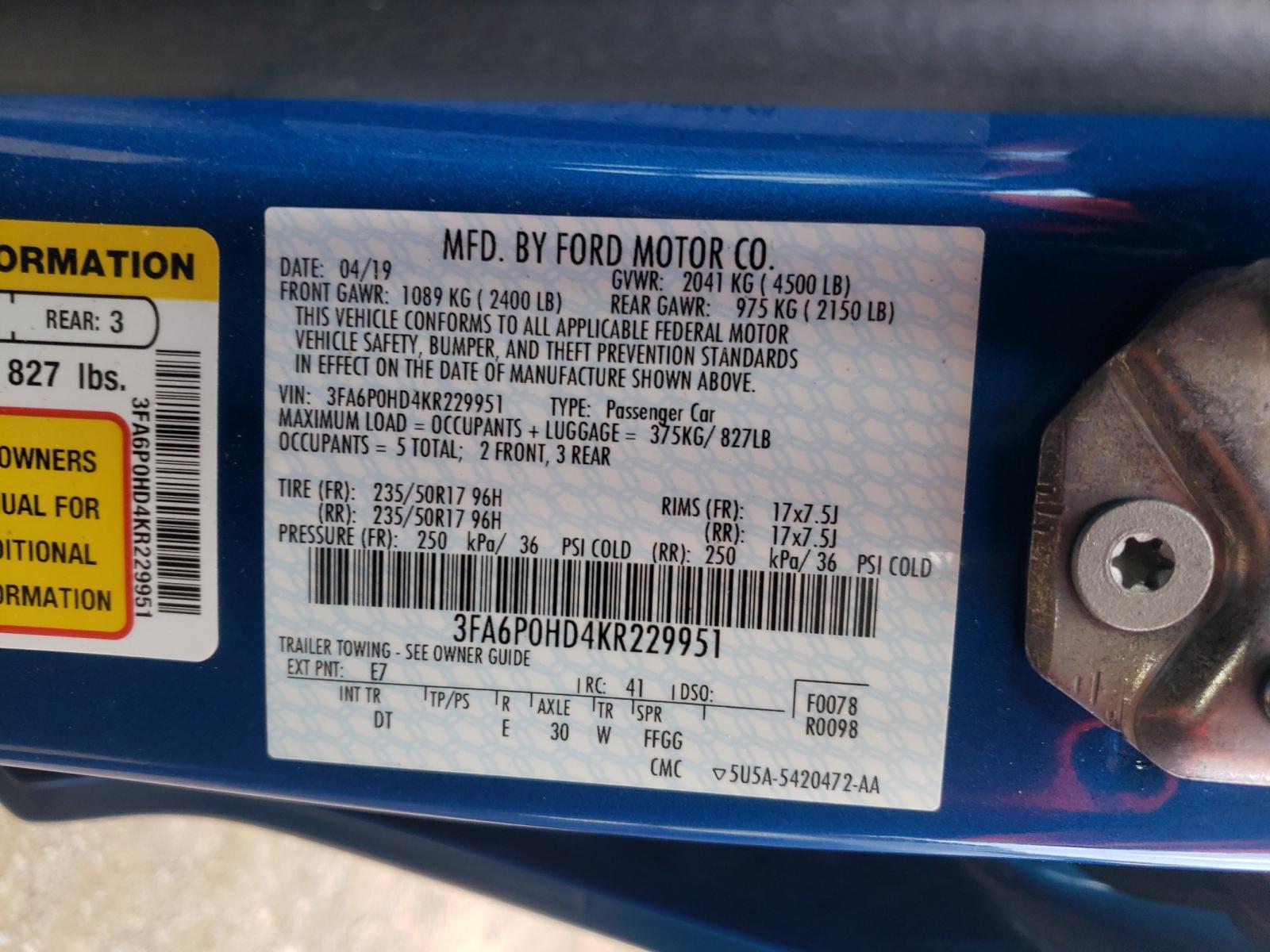 Photo 10 from auction – 2019 FORD FUSION SE with VIN 3FA6P0HD4KR229951