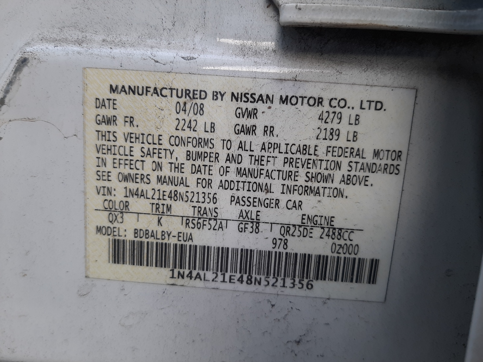 Photo 10 from auction – 2008 NISSAN ALTIMA 2.5 with VIN 1N4AL21E48N521356