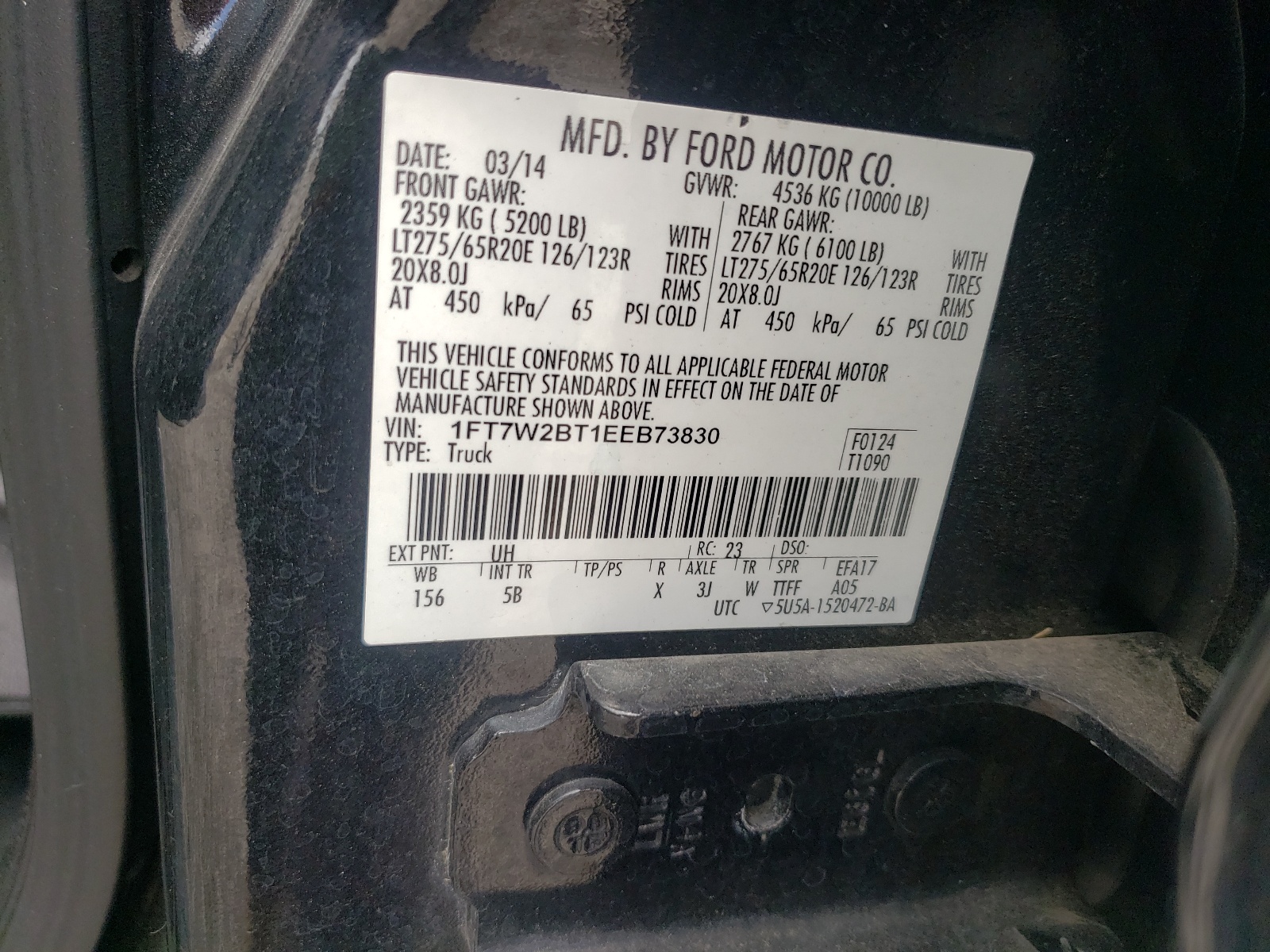 Photo 10 from auction – 2014 FORD F250 SUPER with VIN 1FT7W2BT1EEB73830