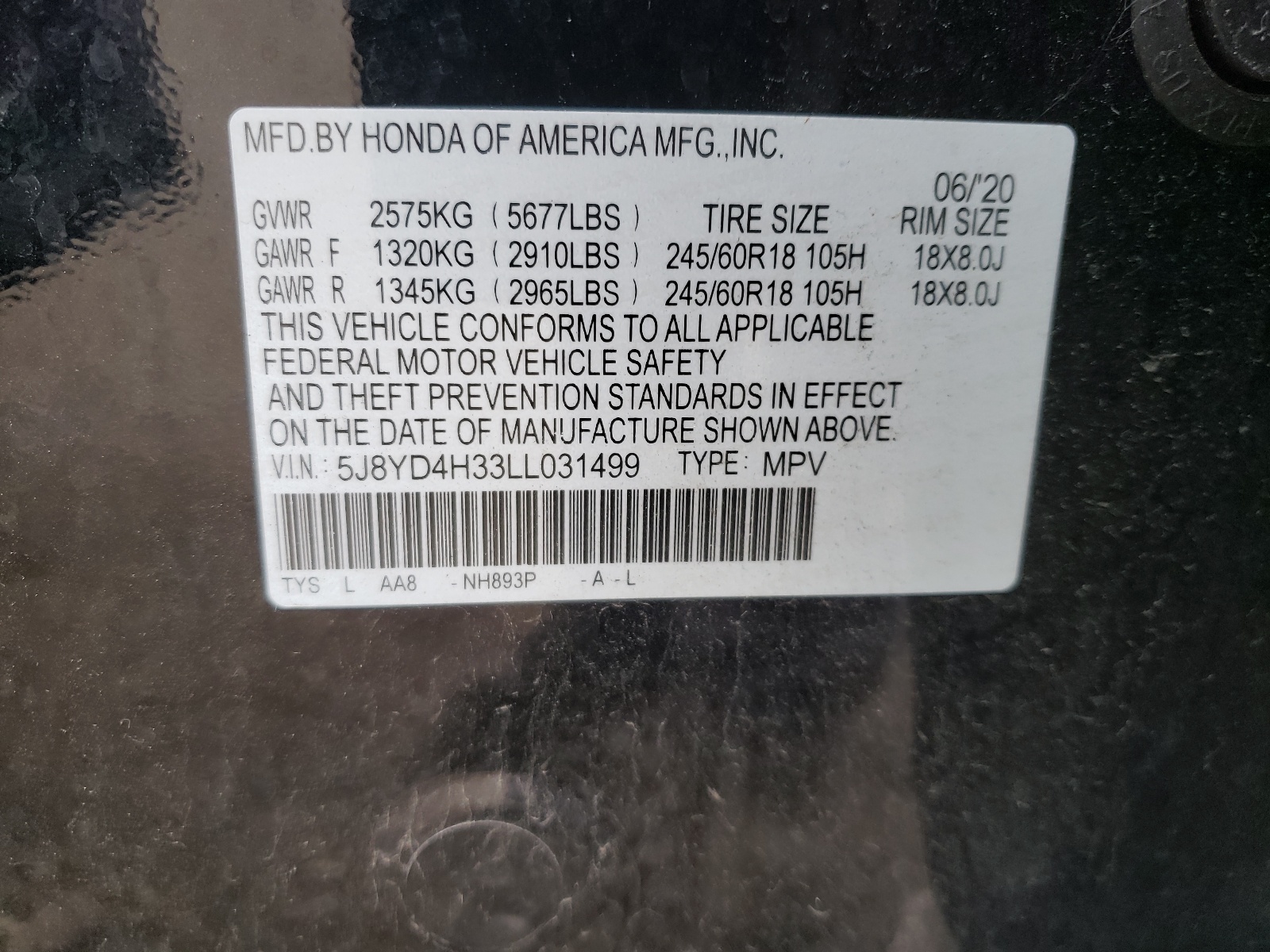 Photo 10 from auction – 2020 ACURA MDX with VIN 5J8YD4H33LL031499