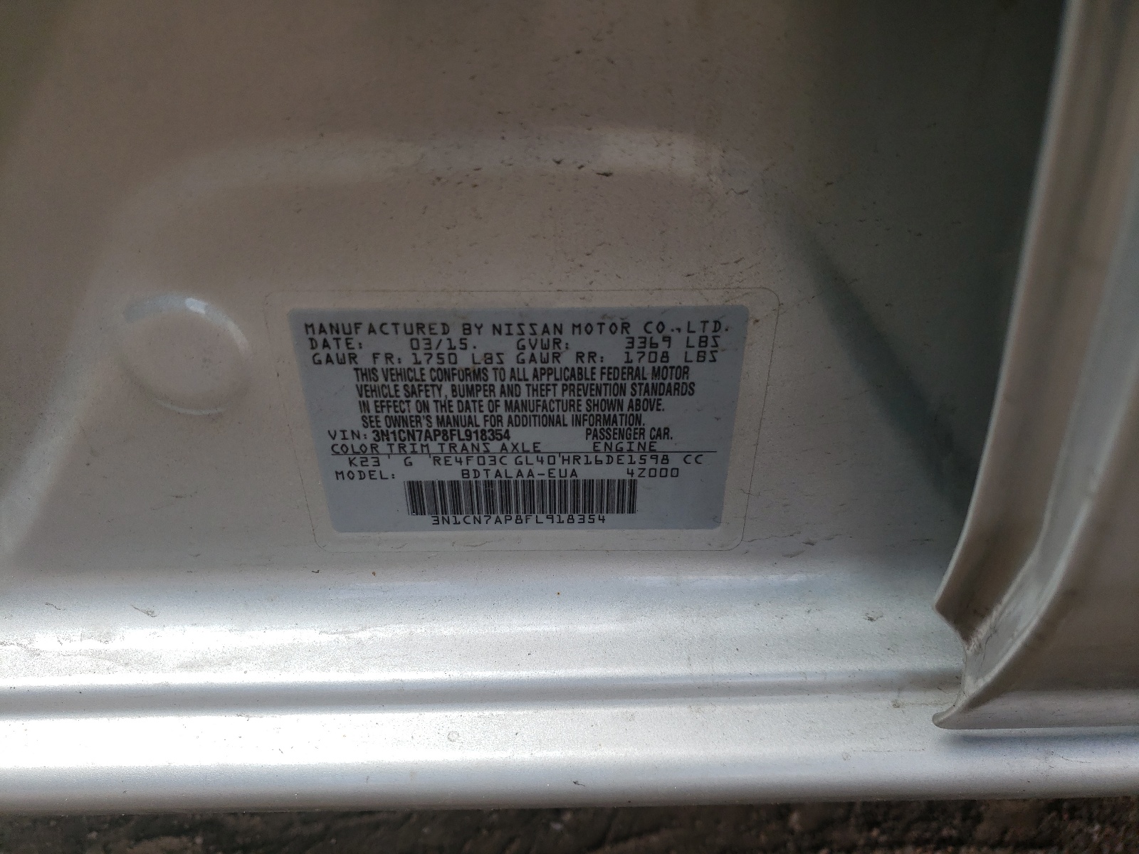 Photo 10 from auction – 2015 NISSAN VERSA S with VIN 3N1CN7AP8FL918354