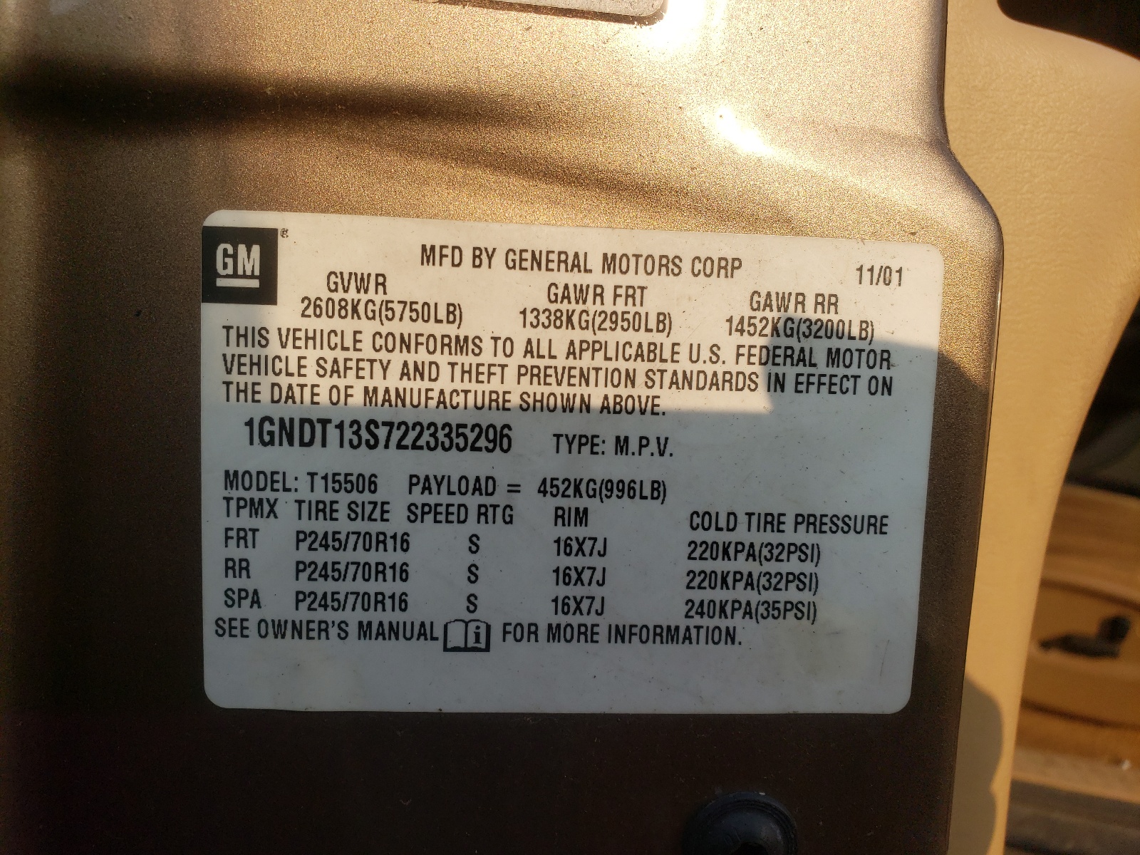 Photo 10 from auction – 2002 CHEVROLET TRAIL BLAZ with VIN 1GNDT13S722335296