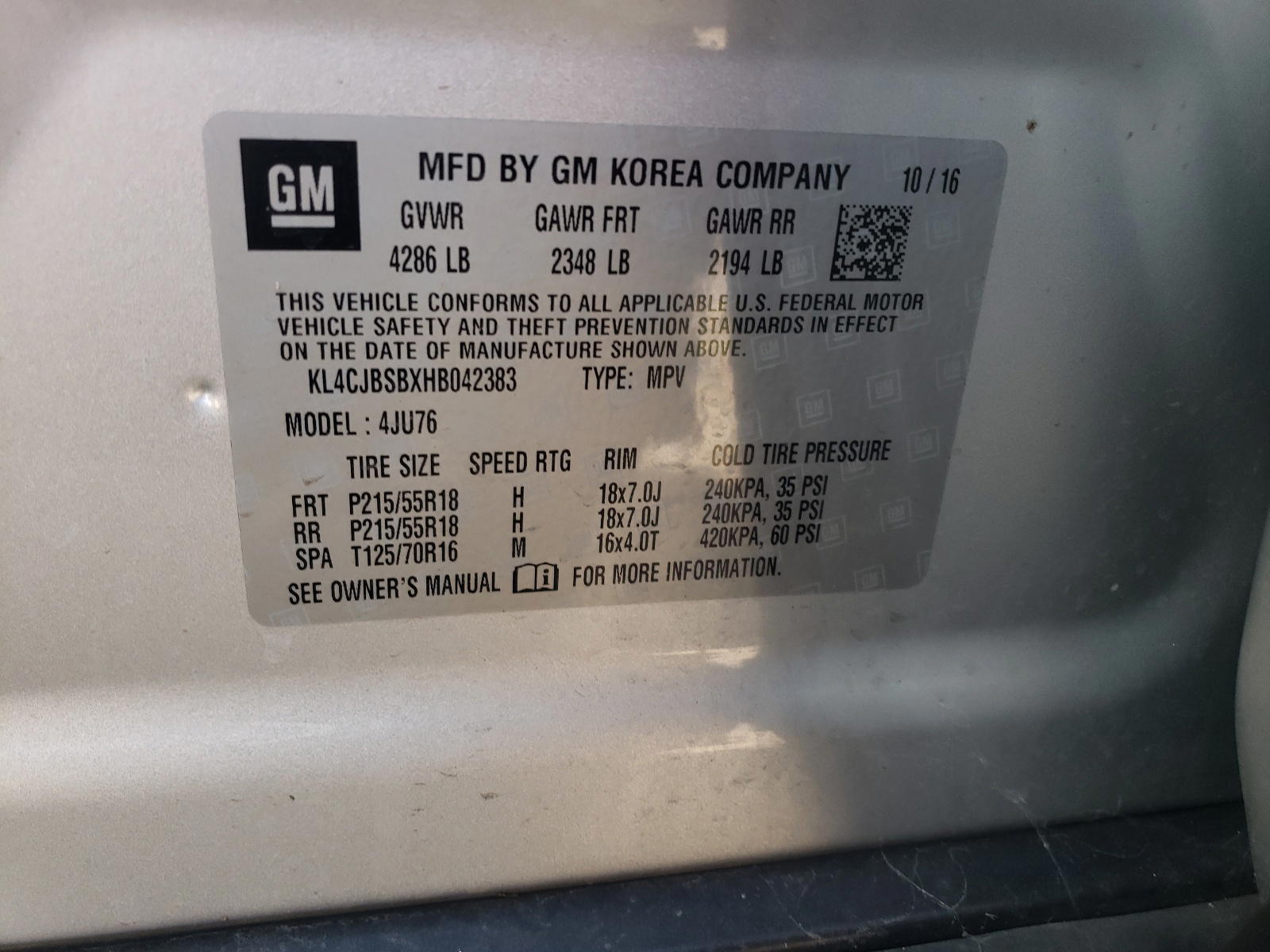 Photo 10 from auction – 2017 BUICK ENCORE PRE with VIN KL4CJBSBXHB042383