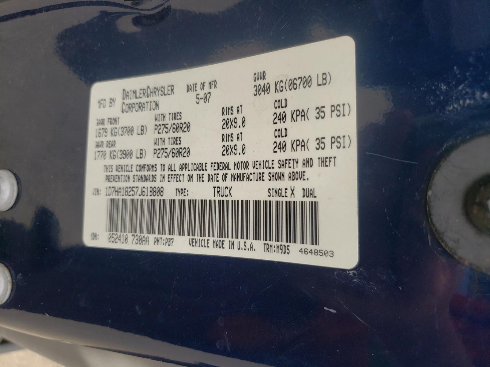 Photo 10 from auction – 2007 DODGE RAM 1500 S with VIN 1D7HA18257J618808