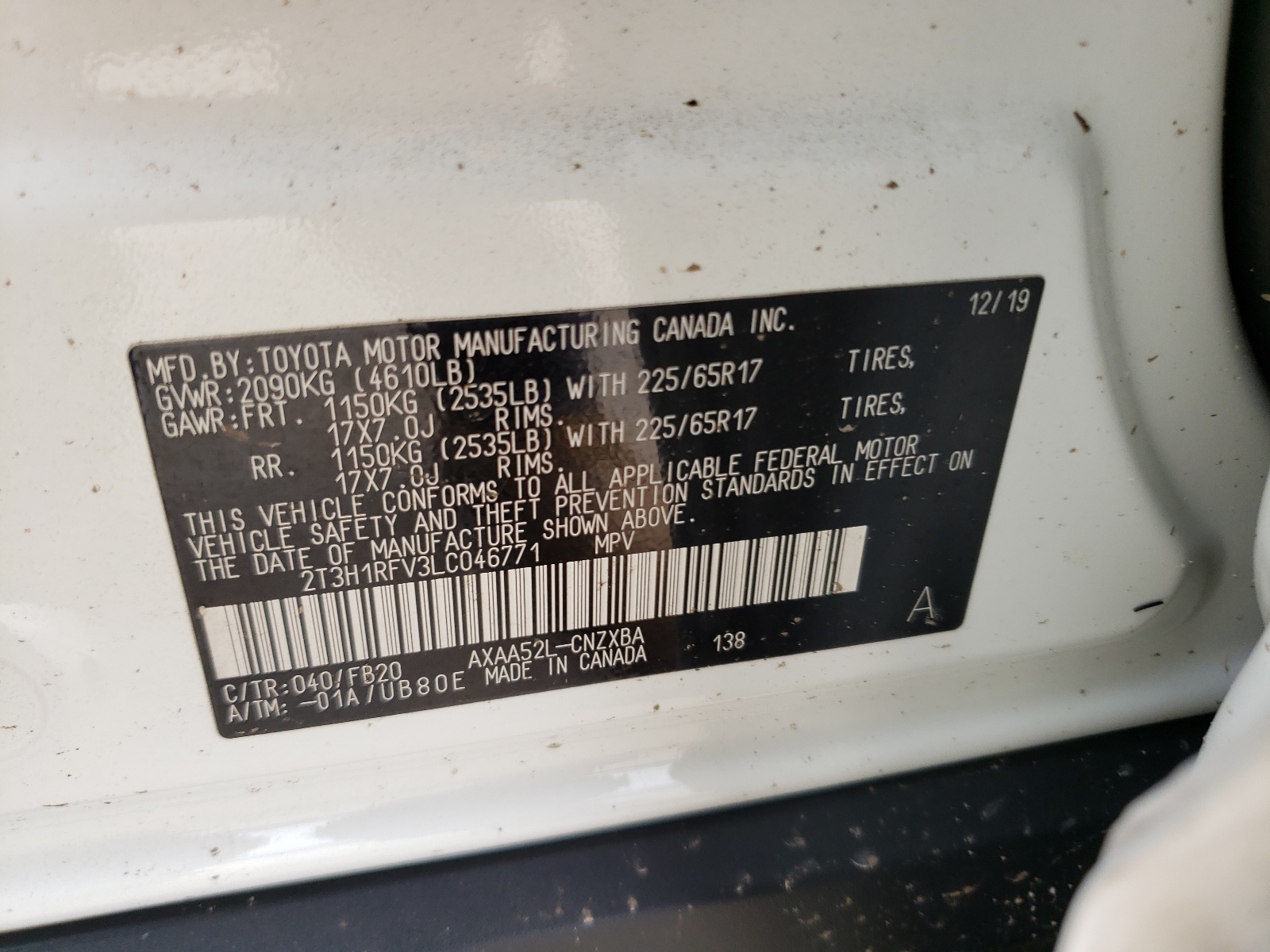 Photo 10 from auction – 2020 TOYOTA RAV4 LE with VIN 2T3H1RFV3LC046771