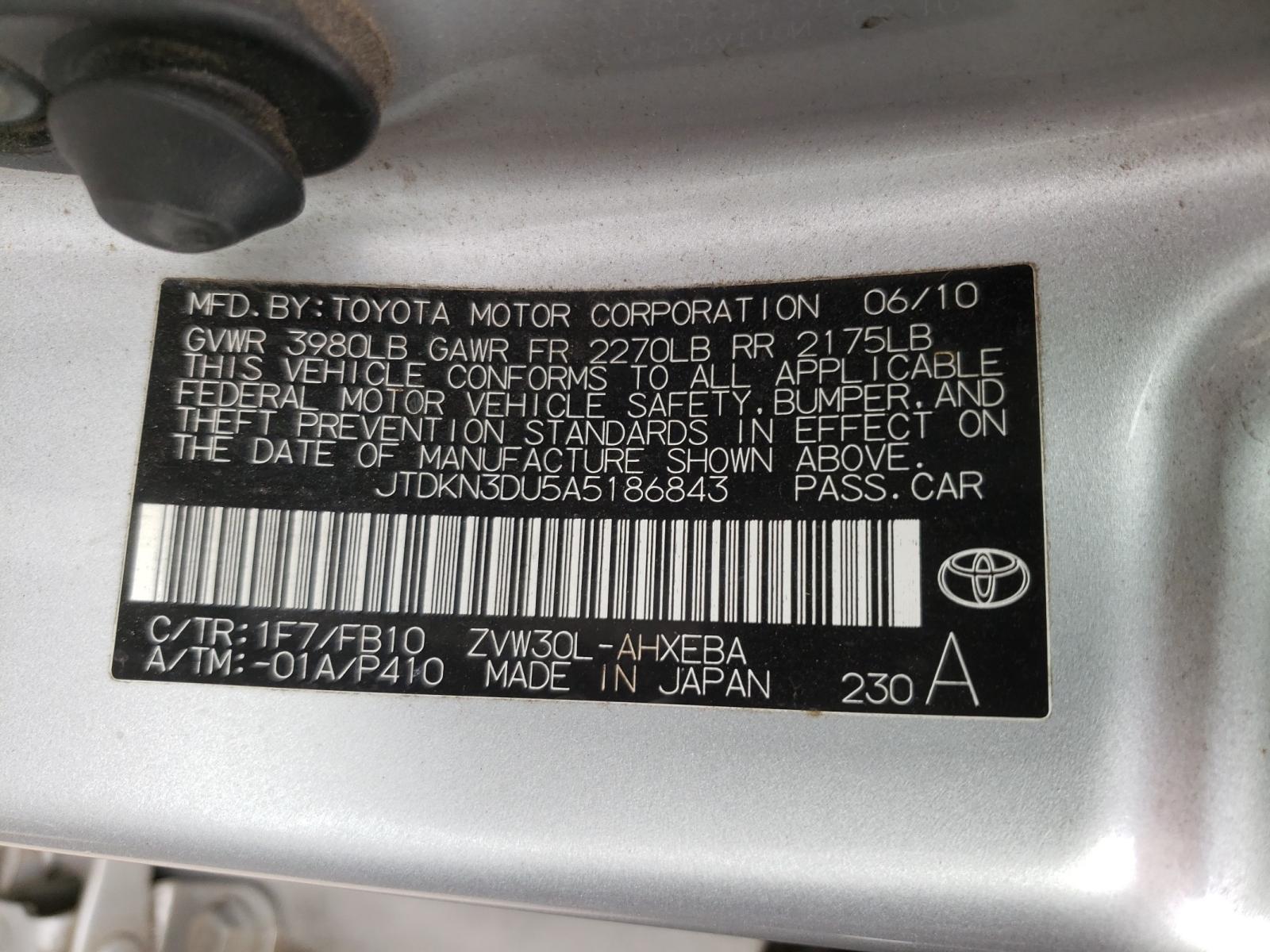 Photo 10 from auction – 2010 TOYOTA PRIUS with VIN JTDKN3DU5A5186843