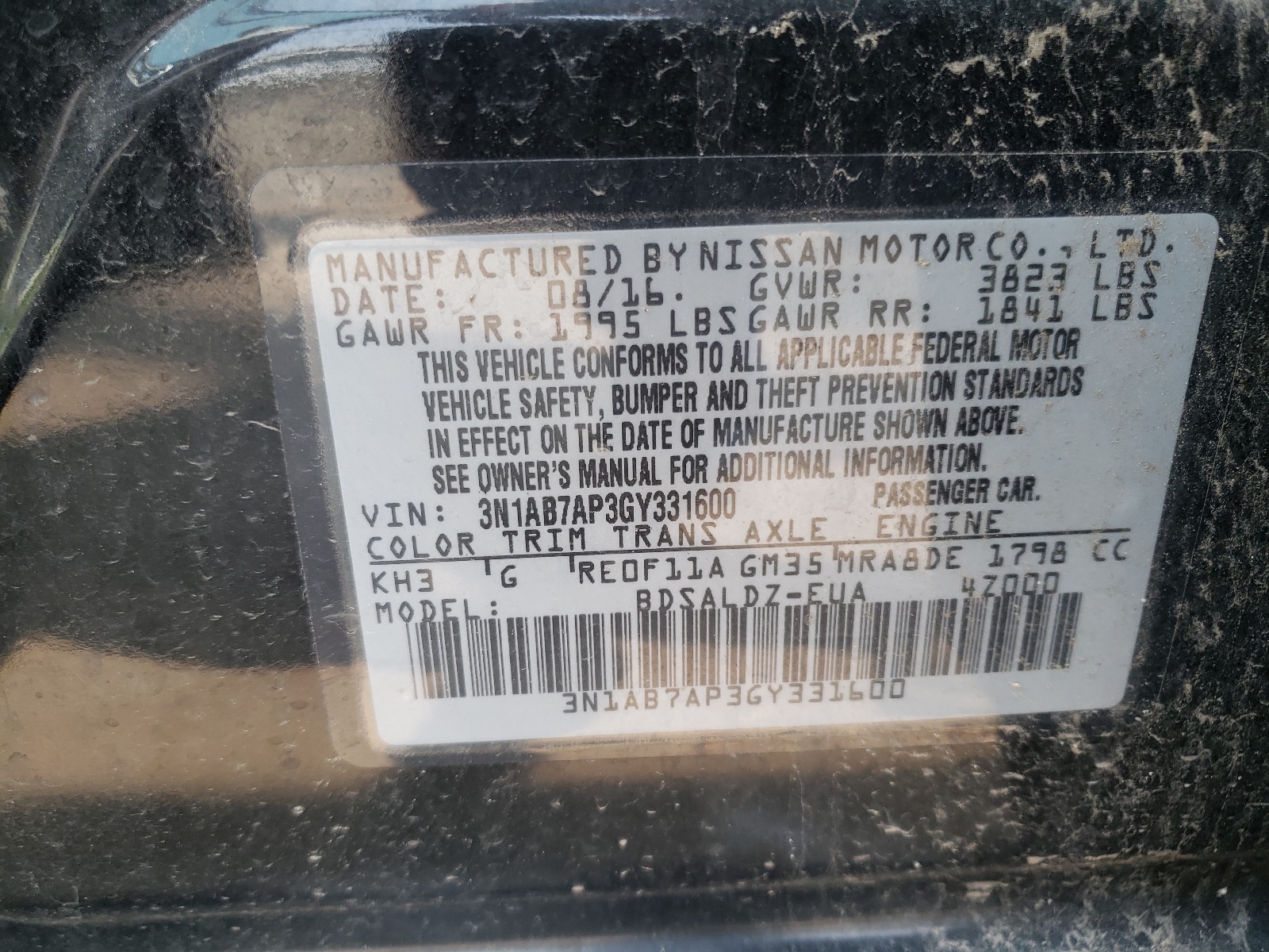 Photo 10 from auction – 2016 NISSAN SENTRA S with VIN 3N1AB7AP3GY331600