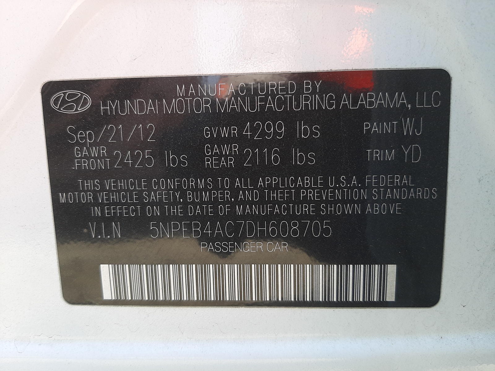 Photo 10 from auction – 2013 HYUNDAI SONATA GLS with VIN 5NPEB4AC7DH608705