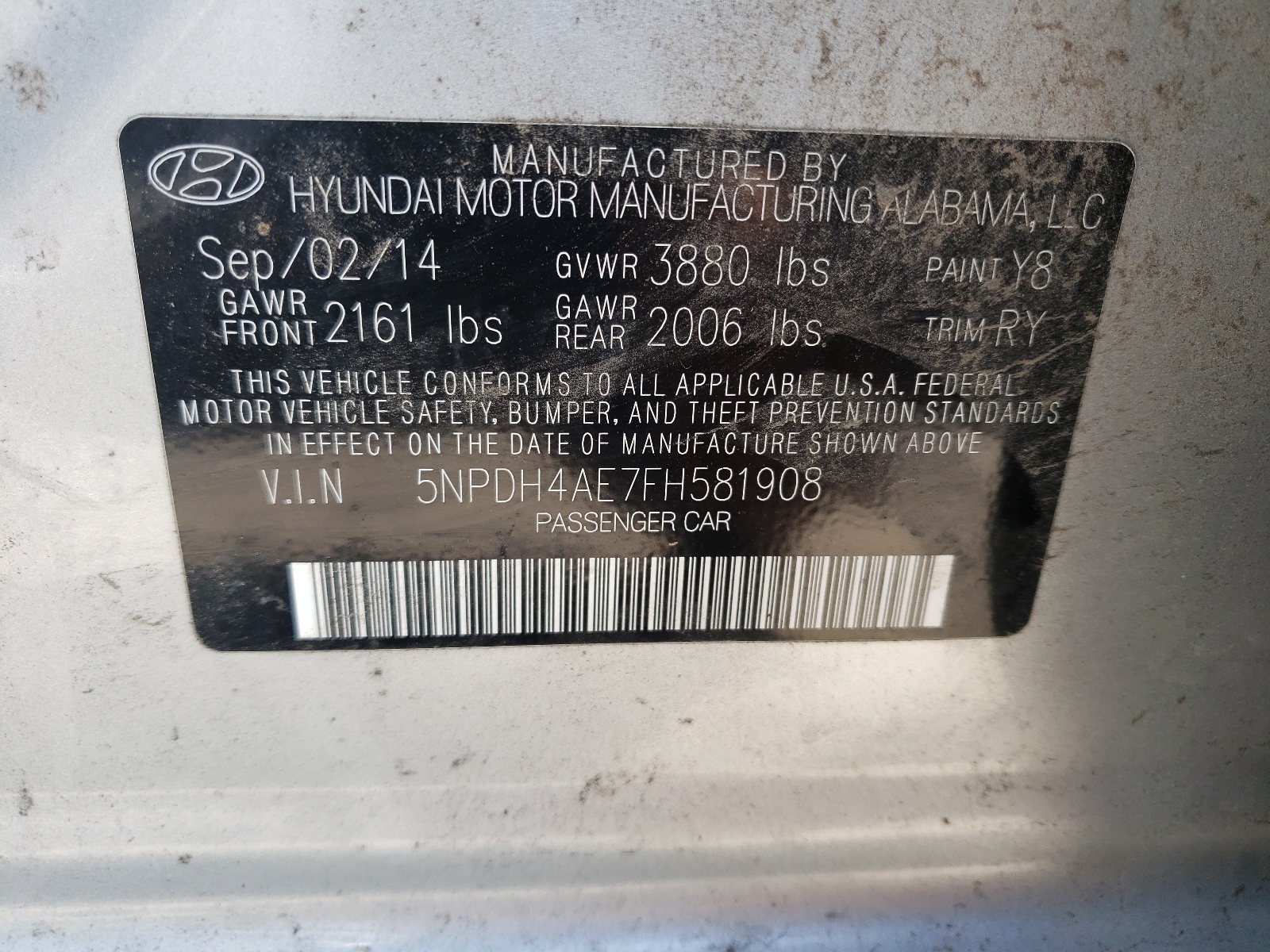 Photo 10 from auction – 2015 HYUNDAI ELANTRA SE with VIN 5NPDH4AE7FH581908