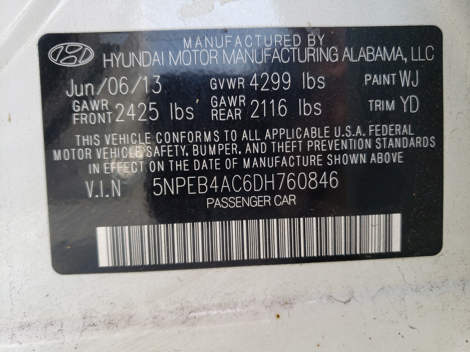 Photo 10 from auction – 2013 HYUNDAI SONATA GLS with VIN 5NPEB4AC6DH760846