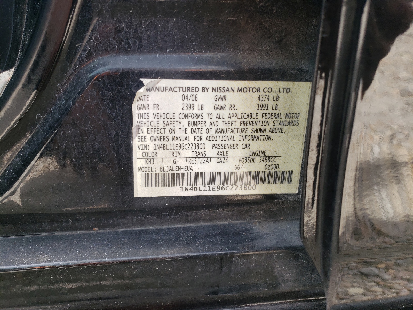 Photo 10 from auction – 2006 NISSAN ALTIMA SE with VIN 1N4BL11E96C223800