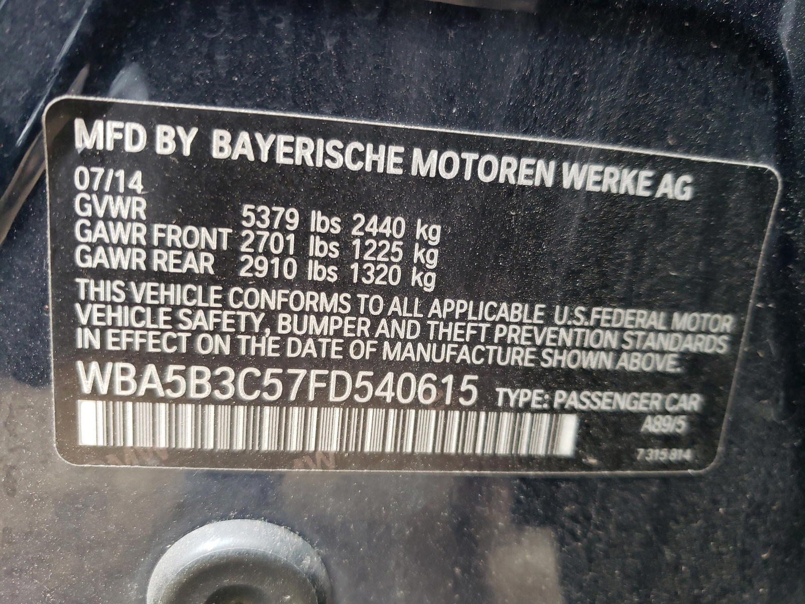 Photo 10 from auction – 2015 BMW 535 XI with VIN WBA5B3C57FD540615