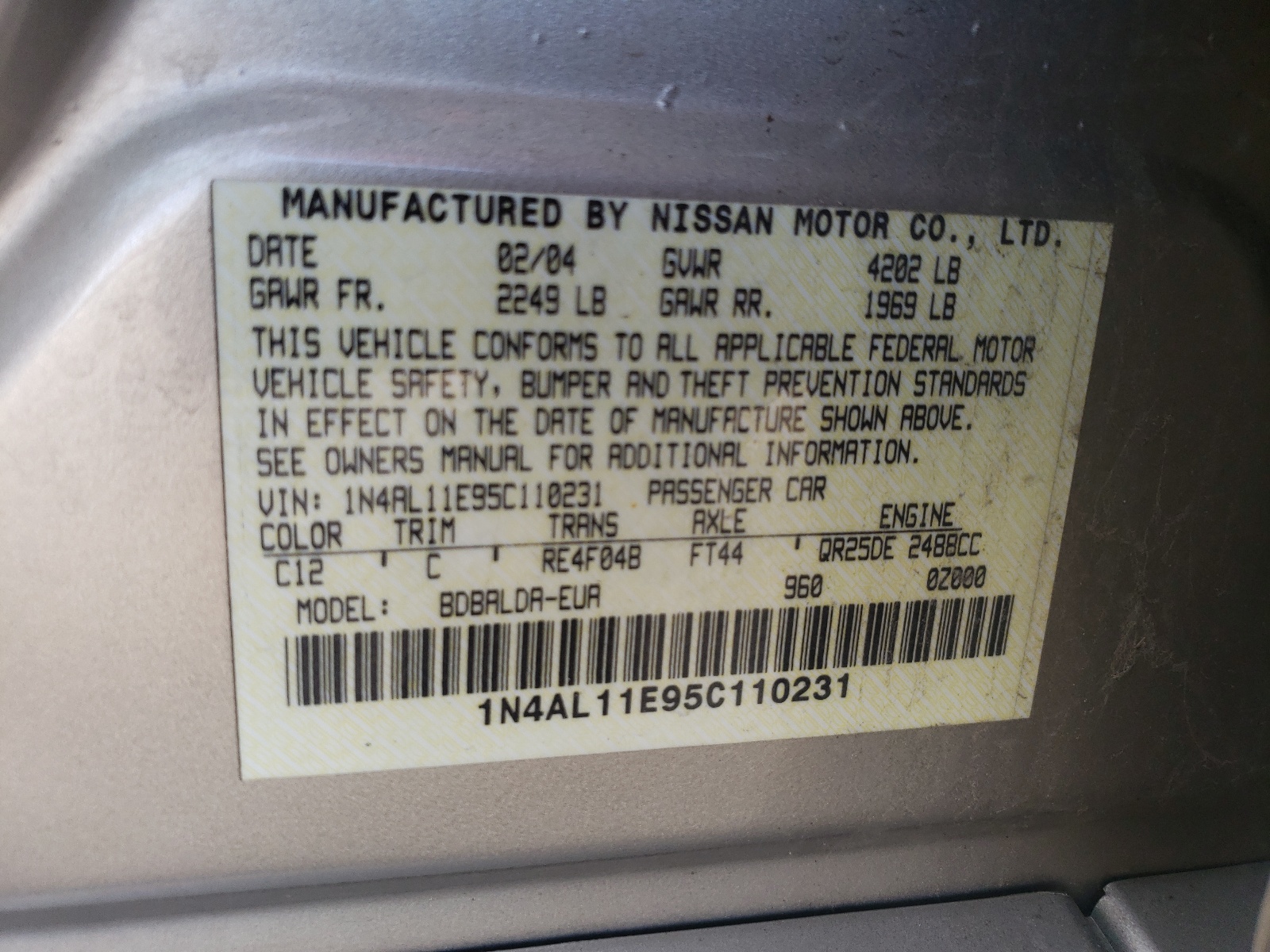 Photo 10 from auction – 2005 NISSAN ALTIMA S with VIN 1N4AL11E95C110231