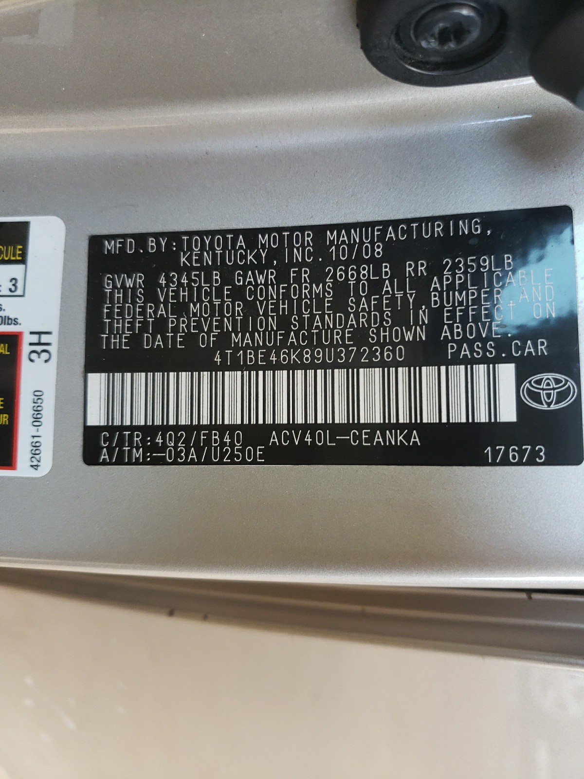 Photo 10 from auction – 2009 TOYOTA CAMRY BASE with VIN 4T1BE46K89U372360