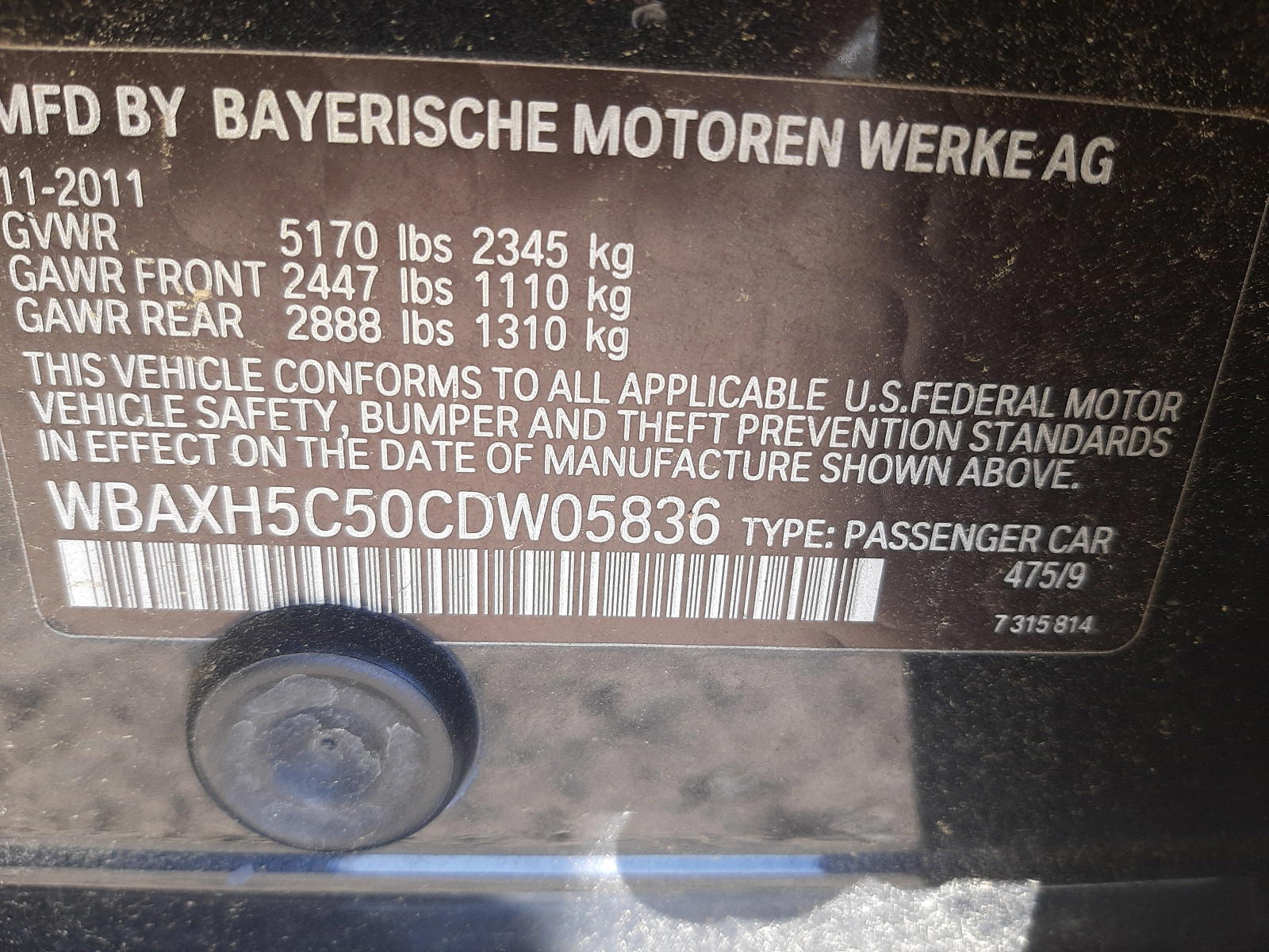 Photo 10 from auction – 2012 BMW 528 XI with VIN WBAXH5C50CDW05836
