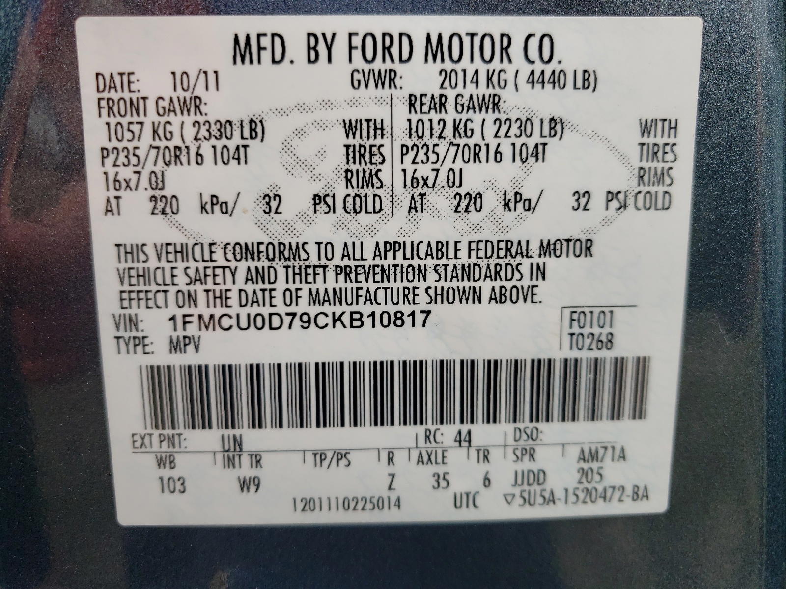 Photo 10 from auction – 2012 FORD ESCAPE XLT with VIN 1FMCU0D79CKB10817