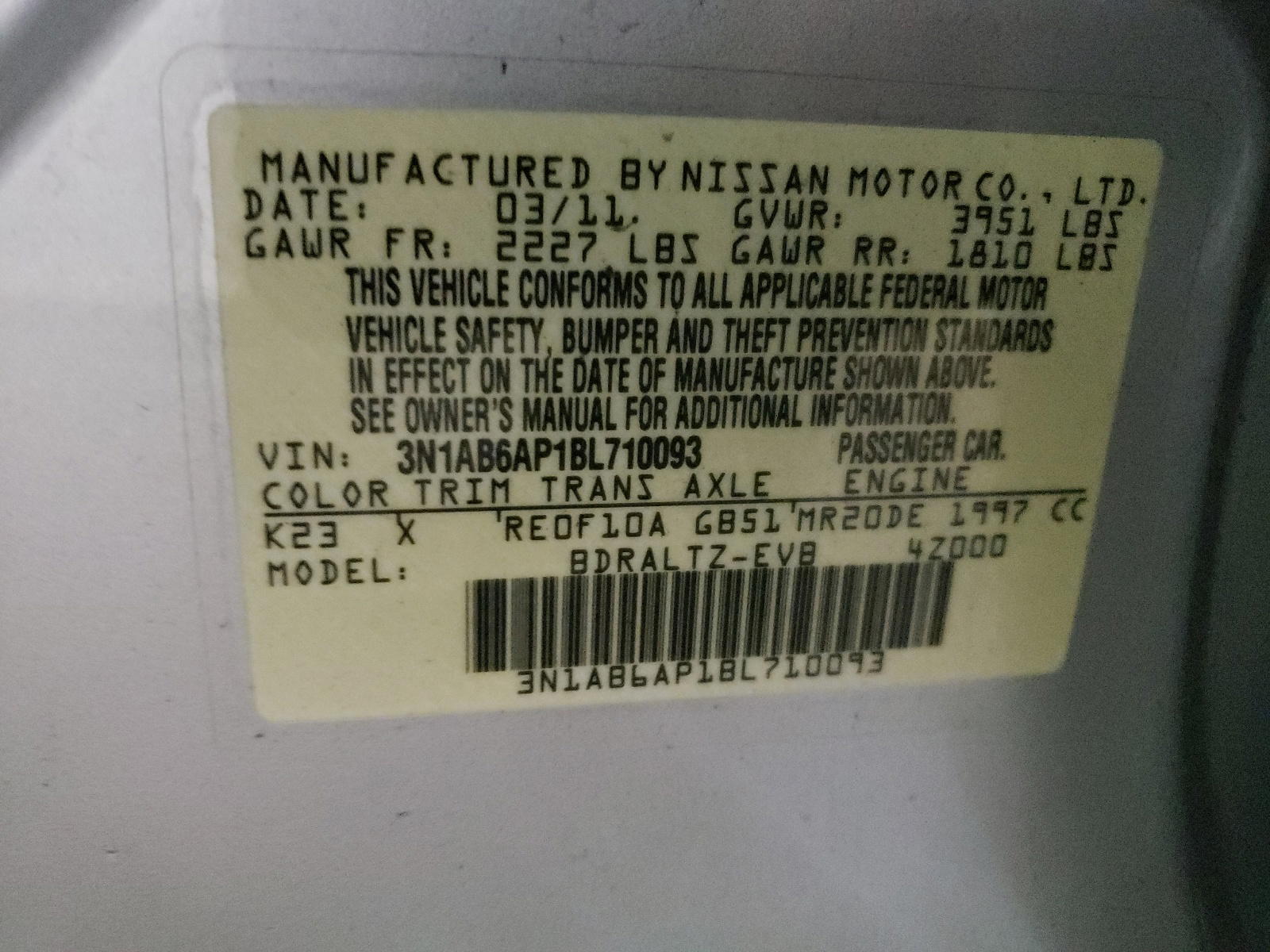 Photo 10 from auction – 2011 NISSAN SENTRA 2.0 with VIN 3N1AB6AP1BL710093