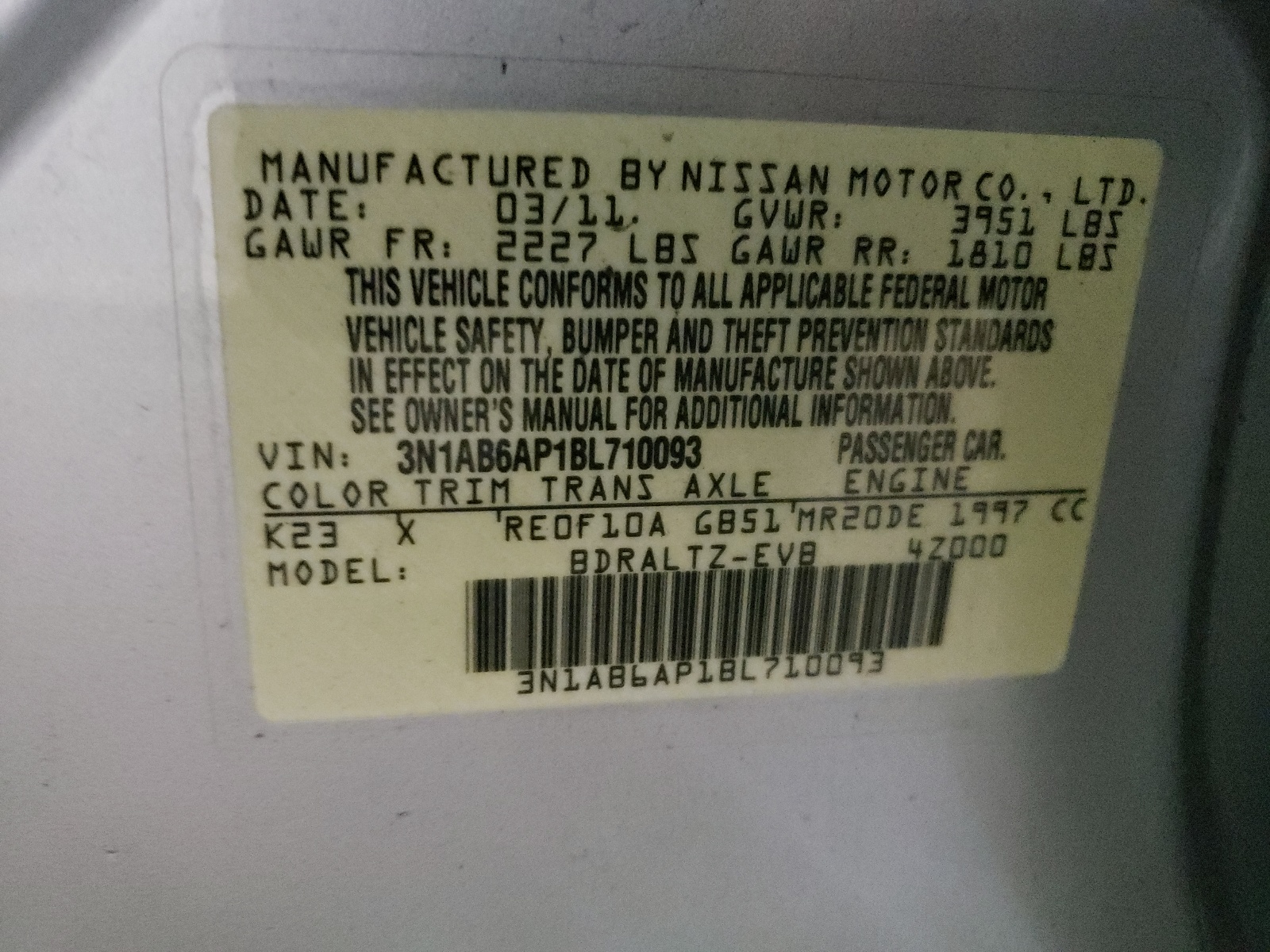 Фото 10 с аукциона – 2011 NISSAN SENTRA 2.0 с VIN 3N1AB6AP1BL710093