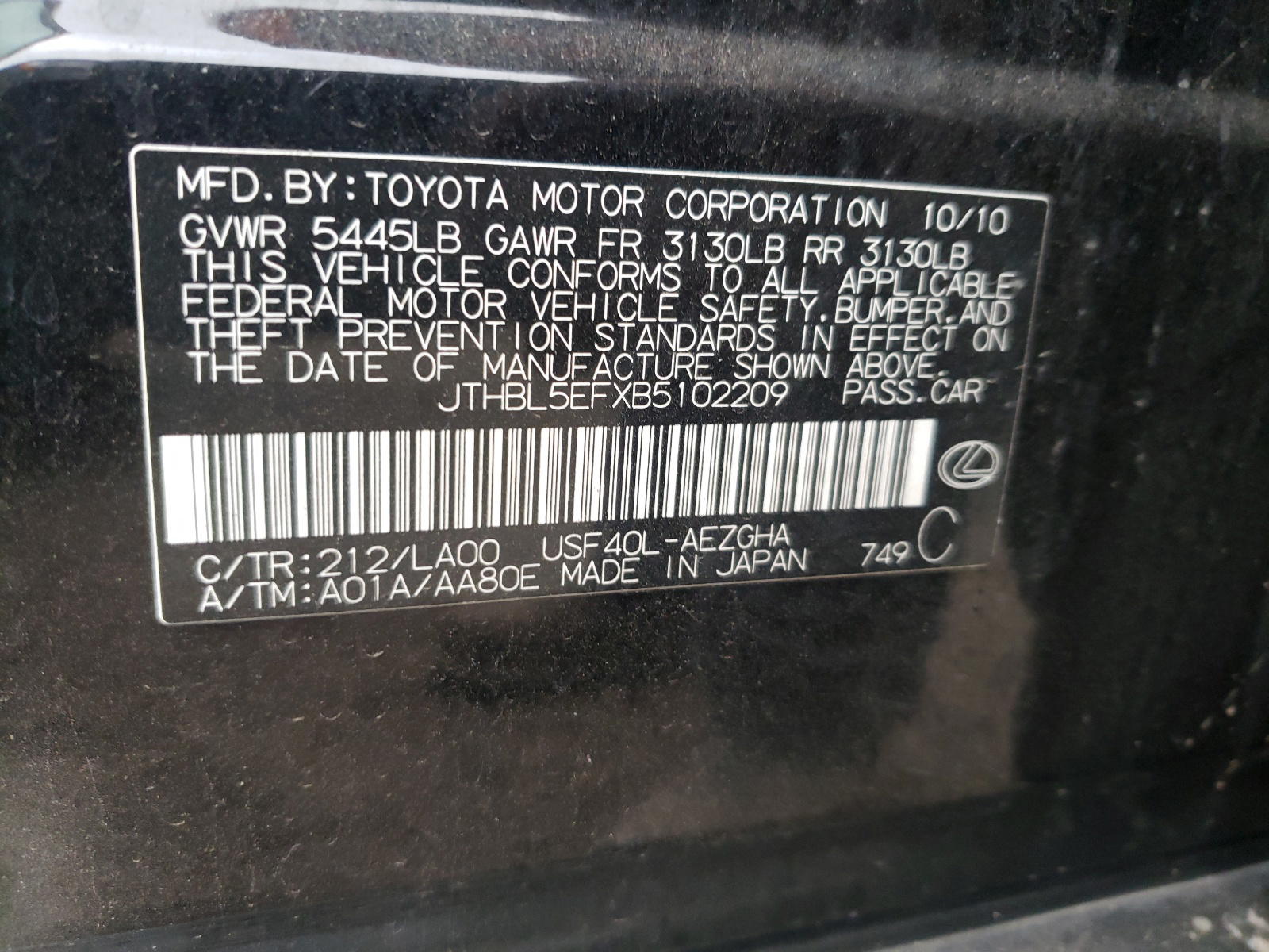 Photo 10 from auction – 2011 LEXUS LS 460 with VIN JTHBL5EFXB5102209