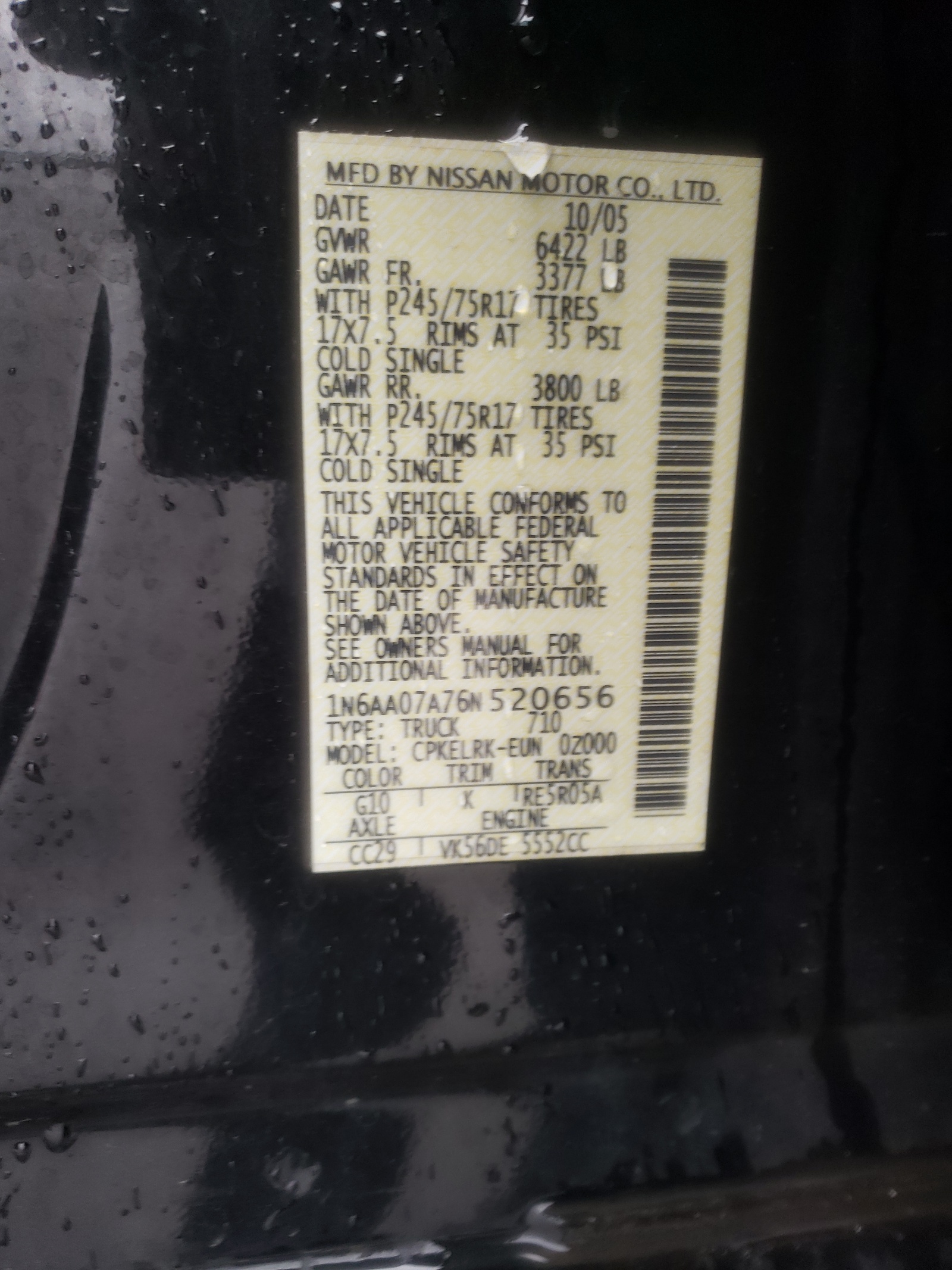 Photo 10 from auction – 2006 NISSAN TITAN XE with VIN 1N6AA07A76N520656