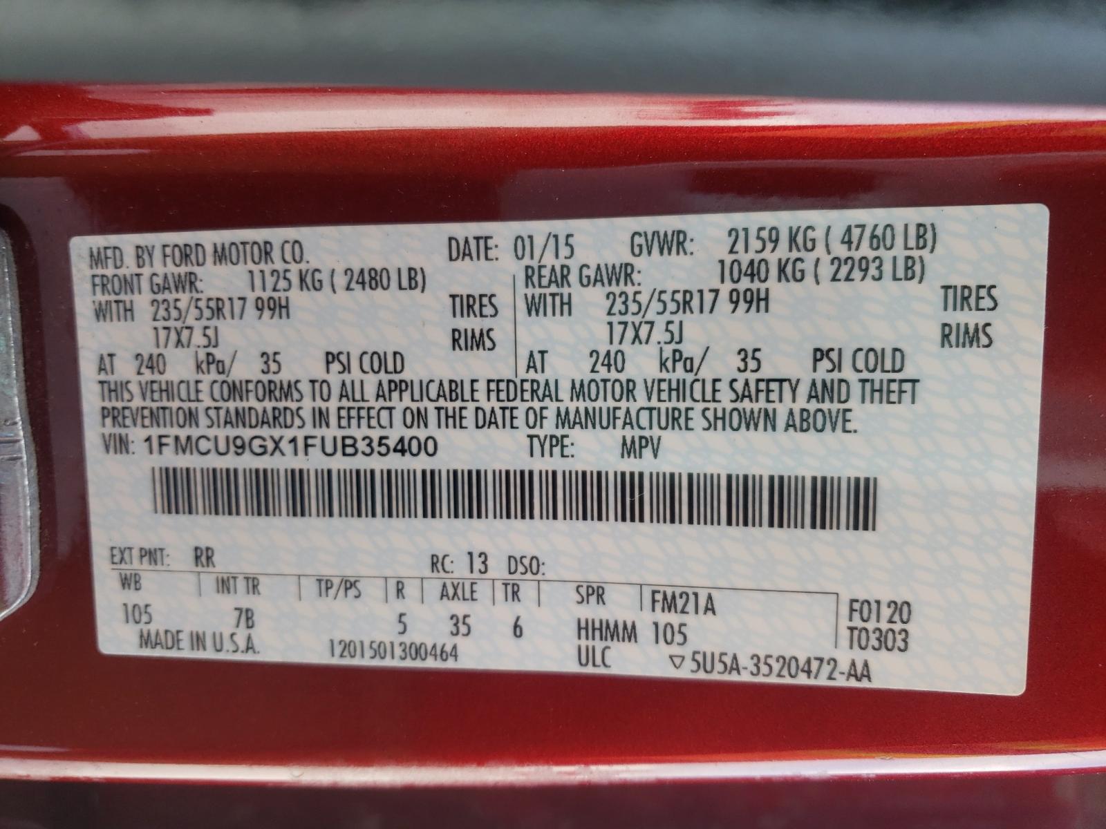 Photo 10 from auction – 2015 FORD ESCAPE SE with VIN 1FMCU9GX1FUB35400