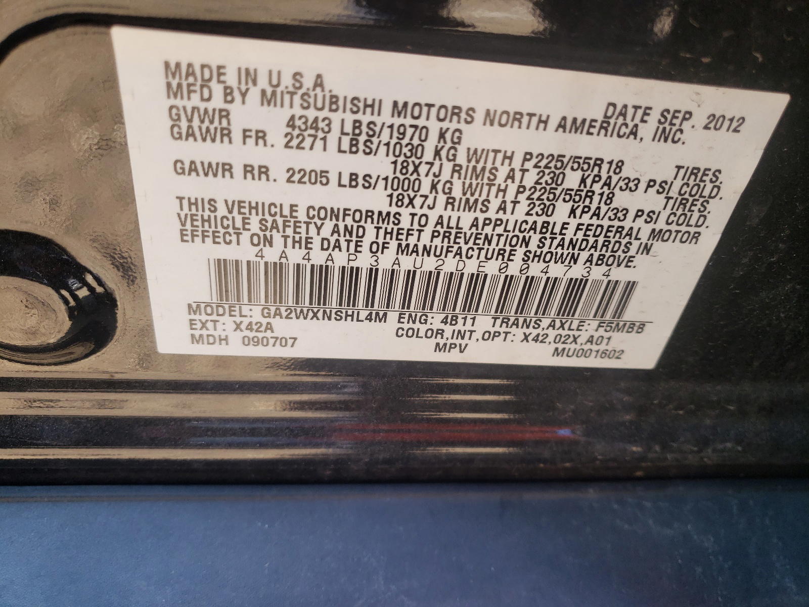 Photo 10 from auction – 2013 MITSUBISHI OUTLANDER with VIN 4A4AP3AU2DE004734