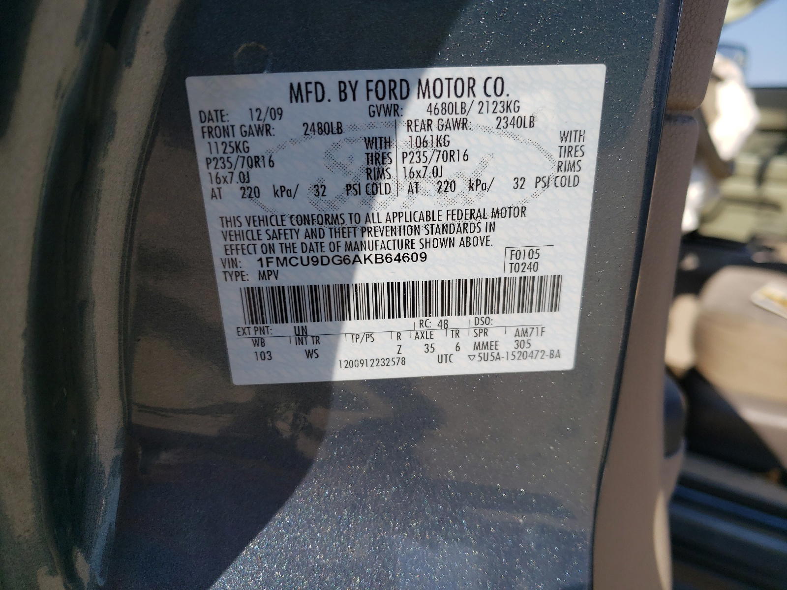 Photo 10 from auction – 2010 FORD ESCAPE XLT with VIN 1FMCU9DG6AKB64609