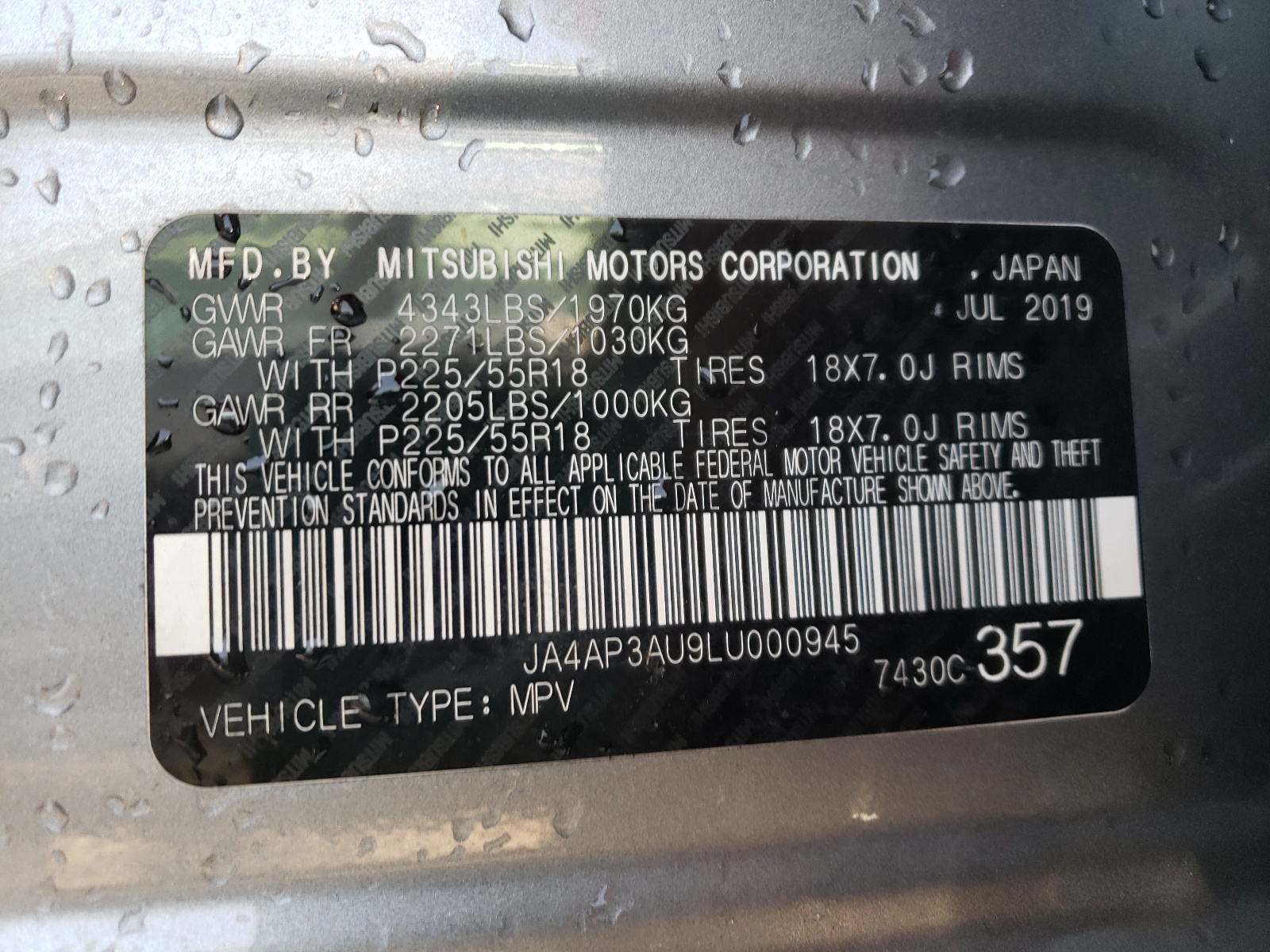 Photo 10 from auction – 2020 MITSUBISHI OUTLANDER with VIN JA4AP3AU9LU000945